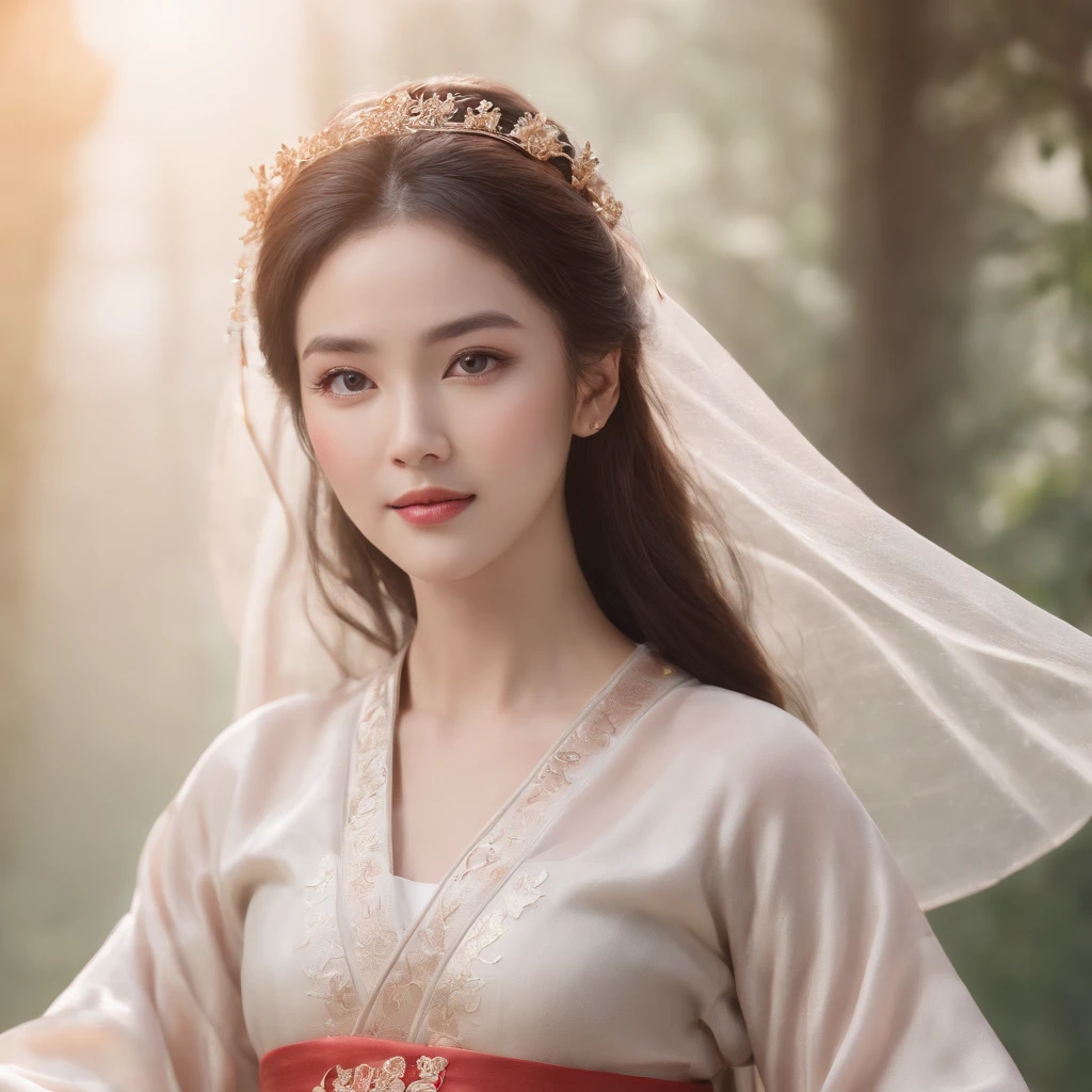 Superb Quality, Masterpiece, High Resolution, 1Girl, Blush, (Seductive Smile: 0.8), Star Eyes, Chinese Hanfu, Hair Accessories, Necklace, Jewelry, Beauty, on_body, Tyndall Effect, Realism, Shadow Room, Light Edge, Two-tone Lighting, (High Detail Skin: 1.2), 8K UHD, SLR, Soft Light, High Quality, Volume Lighting, Candid Photo, High Resolution, 4K, 8K, Background Blur, Light Tulle,