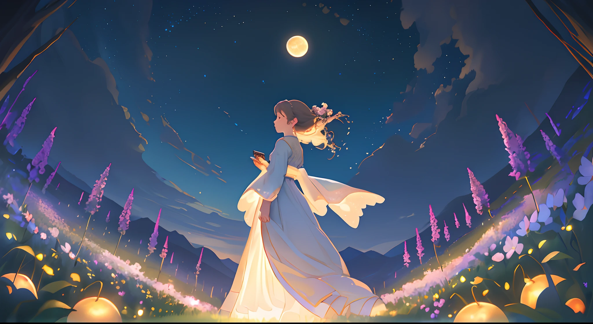 Landscape Photography(Seen from below、Sky above、Lower is the field)、Girl standing in a flower garden looks up(fullmoon:1.2)、(meteors:0.9)、(nebulas:1.3) )、mountain in the distance々、WOOD BREAK CRAFTING ART、(Warm light: 1.2)、(fireflys: 1.2)、A light、Lots of Purples and Oranges、intricate detailes、Volume Lighting BREAK (masterpiece: 1.2)、(top-quality)、4K、ultra-detailliert、(The composition of the movement: 1.4)、Rich in details and colors、(Irridescent color: 1.2)、(Glow、Atmospheric lighting)、Dreamy、Magical、(独奏: 1.2)、Sateen