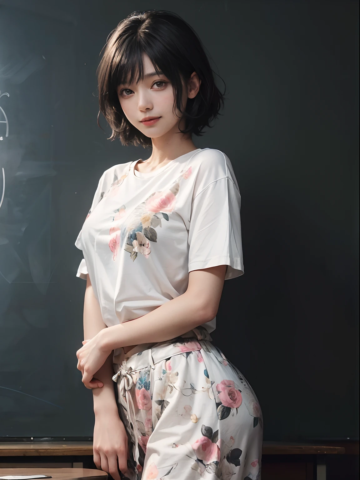 (Black Shorthair:1.5),  (a 20 yo woman), (T-shirt design), (Floral clothing), (Breast bulge),((Being in a physics classroom)),  (A hyper-realistic), (Relaxed), (Increased resolution), (8KUHD), (Extremely detailed), (Best Illustration), (Beautiful and detailed eyes), (Best Quality), (ultra-detailliert), (masutepiece ), ( Wallpaper), (Detailed face), Fine details,  Deep Shadows, lowkey,  Smiling,  (There is a photo of Einstein), (There are a lot of photos of physicists), (Solving the chalkboard formula), Standing in front of the blackboard