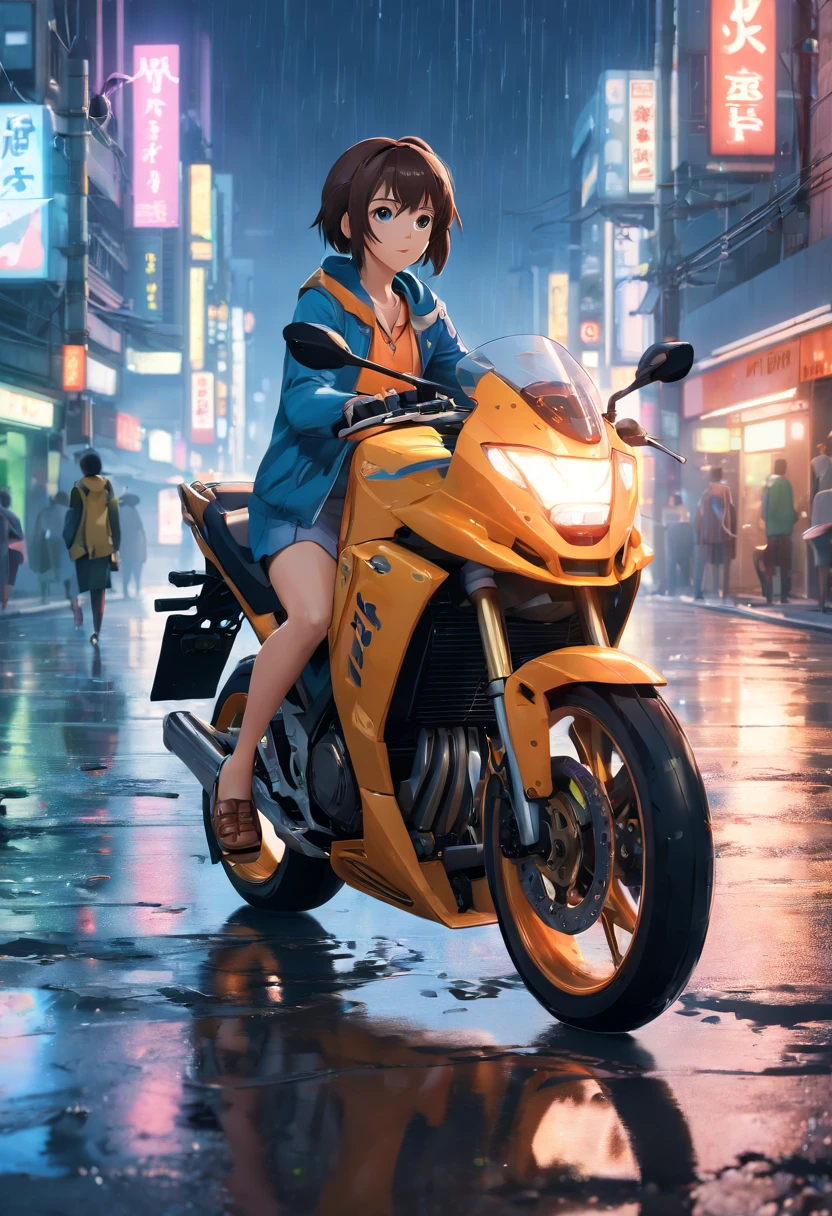 1girl, dress, jacket, rain, ground vehicle, helmet, mecha, motor vehicle, motorcycle, on motorcycle, vehicle focus, wheel, night, road, street, rain, city, puddles, 8k, ultra realistic, lens flare, atmosphere, glow, detailed, intricate, full of colour, cinematic lighting, trending on artstation, 4k, hyperrealistic, focused, extreme details, unreal engine 5, cinematic, Masterpiece, best quality