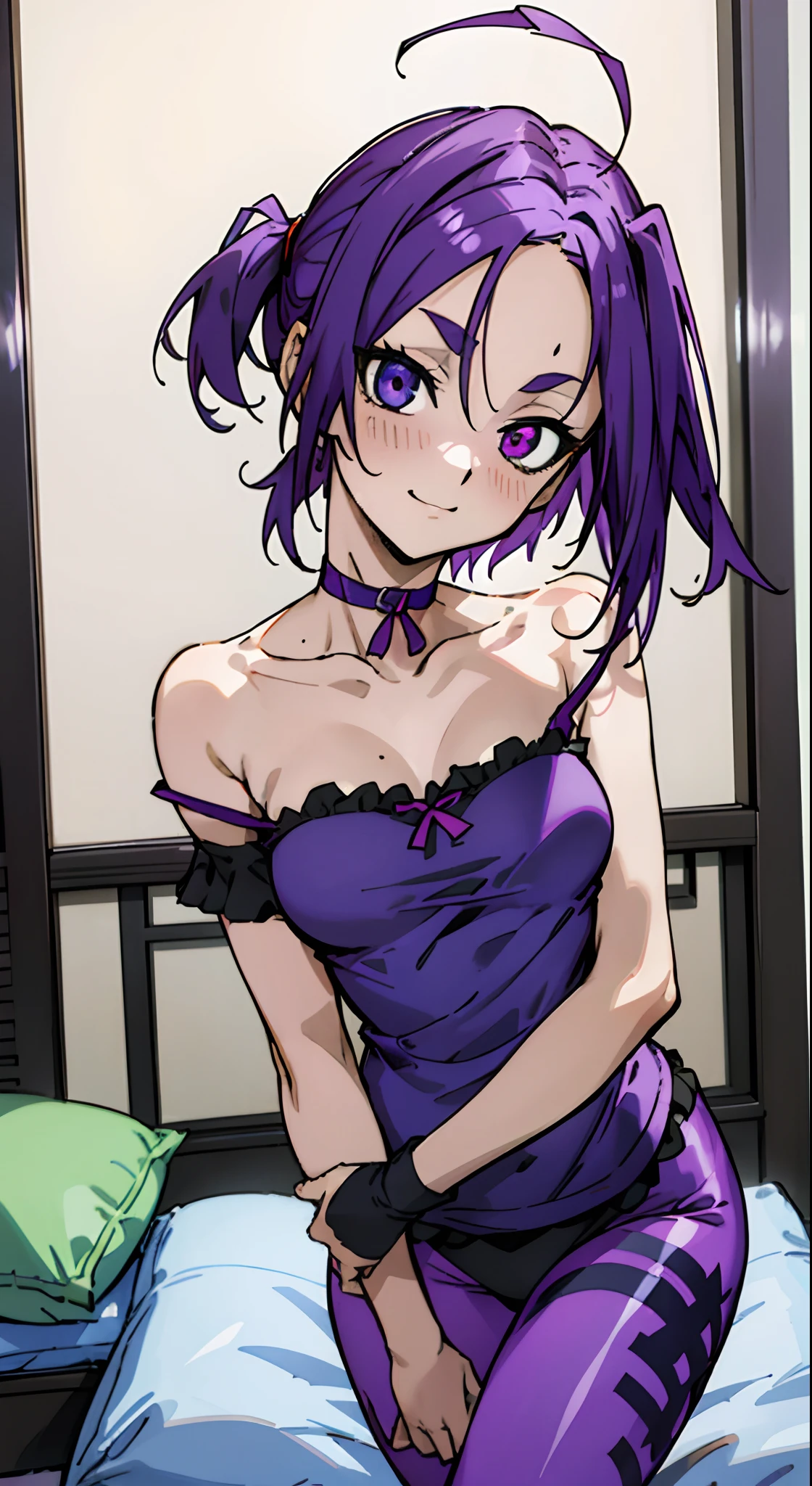 masutepiece, Best Quality, Ultra-detailed, Off-the-shoulder clothing, Colorful,Up-close, Hyper-detailing,purple color hair, Reo Mikage, Blue Lock, no sleeves, Camisole, Blue Camisole, Cheongsam, chinese clothes, Dress, Blue Dress, Chest exposure, Underwear, Ruffled underwear, Metamorphosis is exposed, Choker, Black Choker, arm warmer, Sexy breasts, Scar, Big breasts, red blush, 1girl in, Solo, Sharp face, Heterochromia, Green eyes, Purple eyes, Bare neck, Happy face, Bedroom, bed, Bare legged, leggins, Black Leggings, PILLOWS, Blue pillow