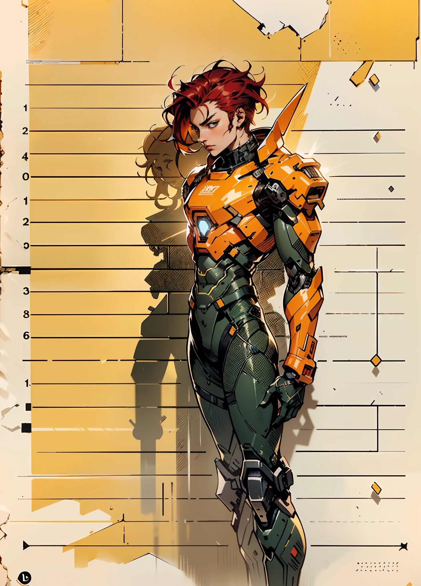 A man with short red-gold hair, hair slicked back, thick and disheveled hair, a cold and ruthless gaze, a confident expression, wears a two-piece futuristic military-style uniform, primarily in shades of white and red, accented by touches of yellow, streamlined wristguard gloves, matching trousers, he stands in a futuristic sci-fi-style hangar housing a colossal mech, stands within a futuristic sci-fi hangar, where a colossal mech is stationed, this character embodies a finely crafted futuristic military officer in anime style, characterized by an exquisite and mature manga illustration art style, high definition, best quality, highres, ultra-detailed, ultra-fine painting, extremely delicate, professional, anatomically correct, symmetrical face, extremely detailed eyes and face, high quality eyes, creativity, RAW photo, UHD, 8k, Natural light, cinematic lighting, masterpiece:1.5