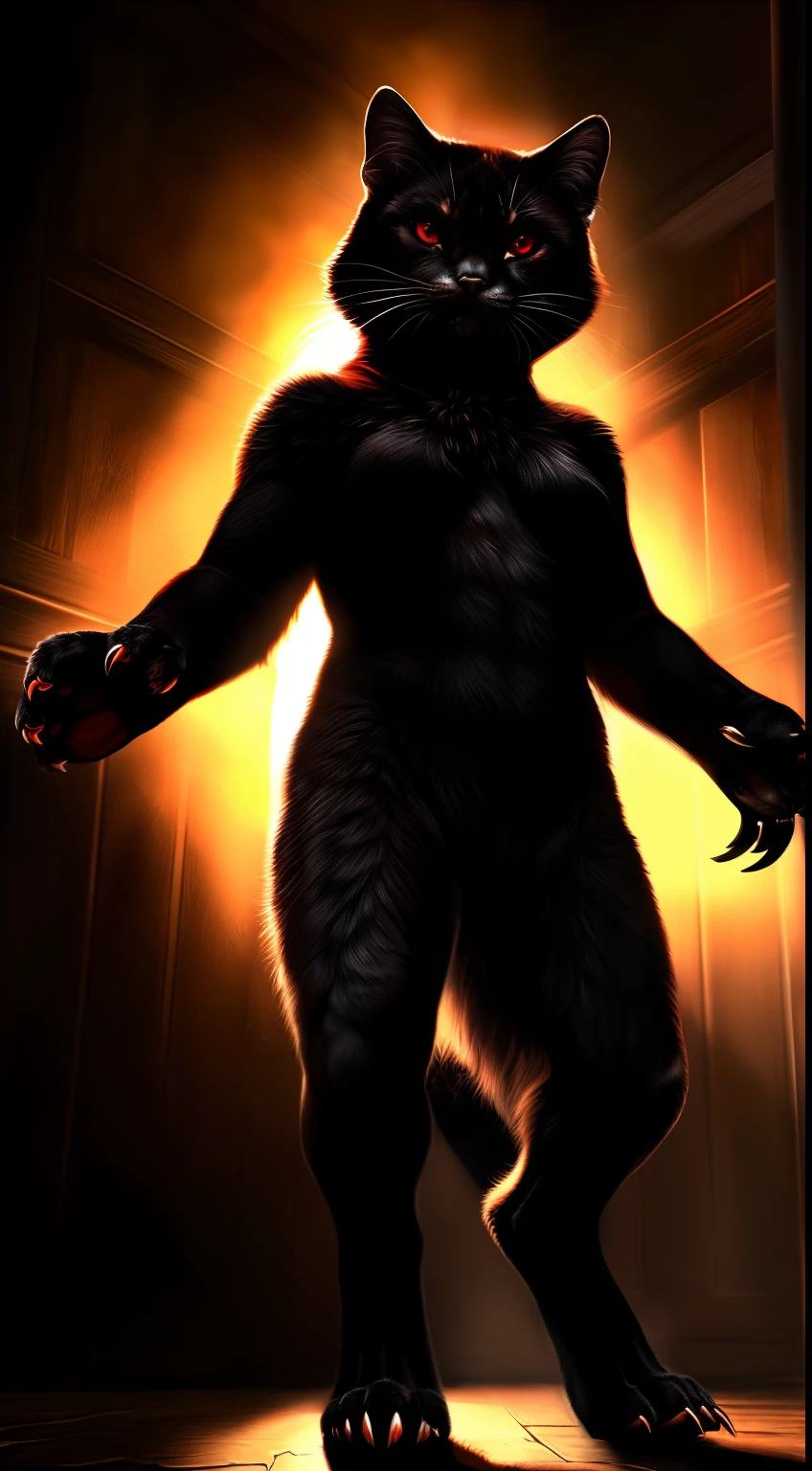 (Best Quality,Ultra-detailed,Realistic:1.37)、anthology、 Ferocious black cat, Solo, Woman's, Atrocious、cruel、offensive、Evil face、sharp claws、Sharp fangs、Red Eyes, Standing, human sized、(realistic fur, furr, realistic fur texture:1), Horror movie lighting、(Full body:1.8)