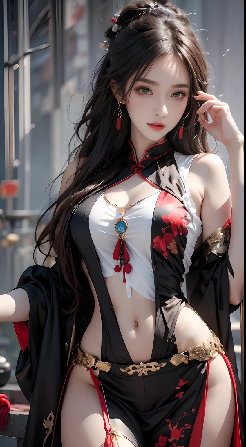 Photorealistic, high resolution, 1 woman, Hips up, Beautiful eyes, Long hair, ringed eyes, jewelry, tattoo, Hanfu, Chinese fairy, Taoist uniform