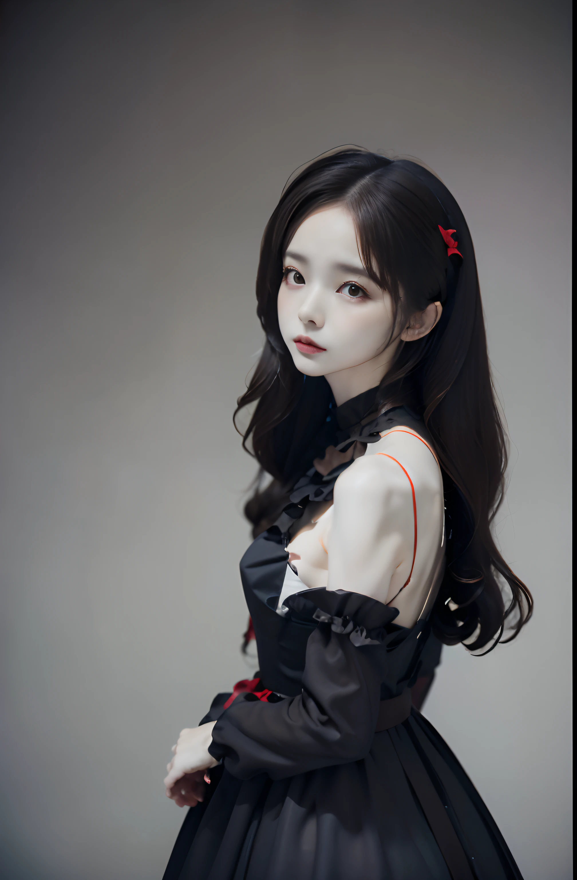 top-quality、masuter piece、ultra-detailliert、8k、Full Body Angle、Delicately drawn face、Woman with a pretty face、Gothic ta Fashion、Black Gothic Loliashion、Black and white costume、Red big hair ornament、Red ribbon hair ornament、Red big hair ornament、Standing、(((blurry backround:1.5、Photography Studio、greybackground:1.5、greybackground、greybackground、greybackground、greybackground、Film Lighting、Professional Photographer)))