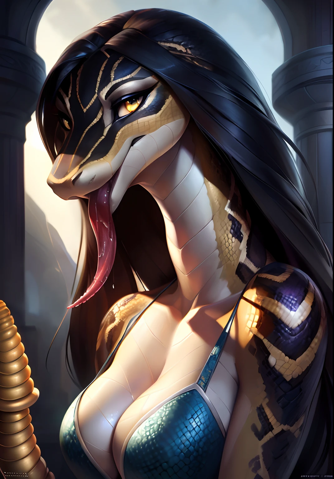 SFW, uploaded on e621, by Pixelsketcher, by Bayard Wu, by Thomas Benjamin Kennington , by Einshelm, solo anthro, ((face portrait)), BREAK, SFW, very sweaty, ((mouth open, long reptile tongue out, saliva dripping)), (detailed Bonifasko lighting), (detailed scales), (detailed skin), (rattle snake, rattle snake, rattle snake), (extremely long neck), (her own arm holding her own elbow), BREAK, ((SFW)),  ((long thick rattle tail)), ((long black hair)), ((facing viewer)), (cinematic lighting), ((detailed background)), ((face portrait view)), (((face view))), (half body shadow), [backlighting], [crepuscular ray], [detailed ambient light], [gray natural lighting], [ambient light], (higher wildlife feral detail), [explict content], [sharp focus], (questionable content), (shaded), ((masterpiece), her own arms holding her own elbow, long hair, medium breasts, [saliva dripping] breasts, furry rattle snake, snake face, furry Fantasy Art, furry Art, Commission for High Res, anthro Art, Art,Sakimichan beautiful, masterpiece, medium breasts, best quality, detailed image, bright colors, detailed face, perfect lighting, perfect shadows, perfect eyes, girl focus, yellow eyes, flawless face, big breasts, extremely long neck, face focus, ((long thick rattle tail)) snake, snake girl, scales, scales woman, snake nose, large long muzzle, long black hair, colorful scales, gaze at the viewer, half-closed eyes, 1girl, solo, (masterpiece), (best quality), (illustration), (cinematic lighting), long hair, detailed scales, balanced coloring, global illumination, ray tracing, good lighting, scales, anthro, showing breasts, cleavage, looking at viewer, seductive look, SFW