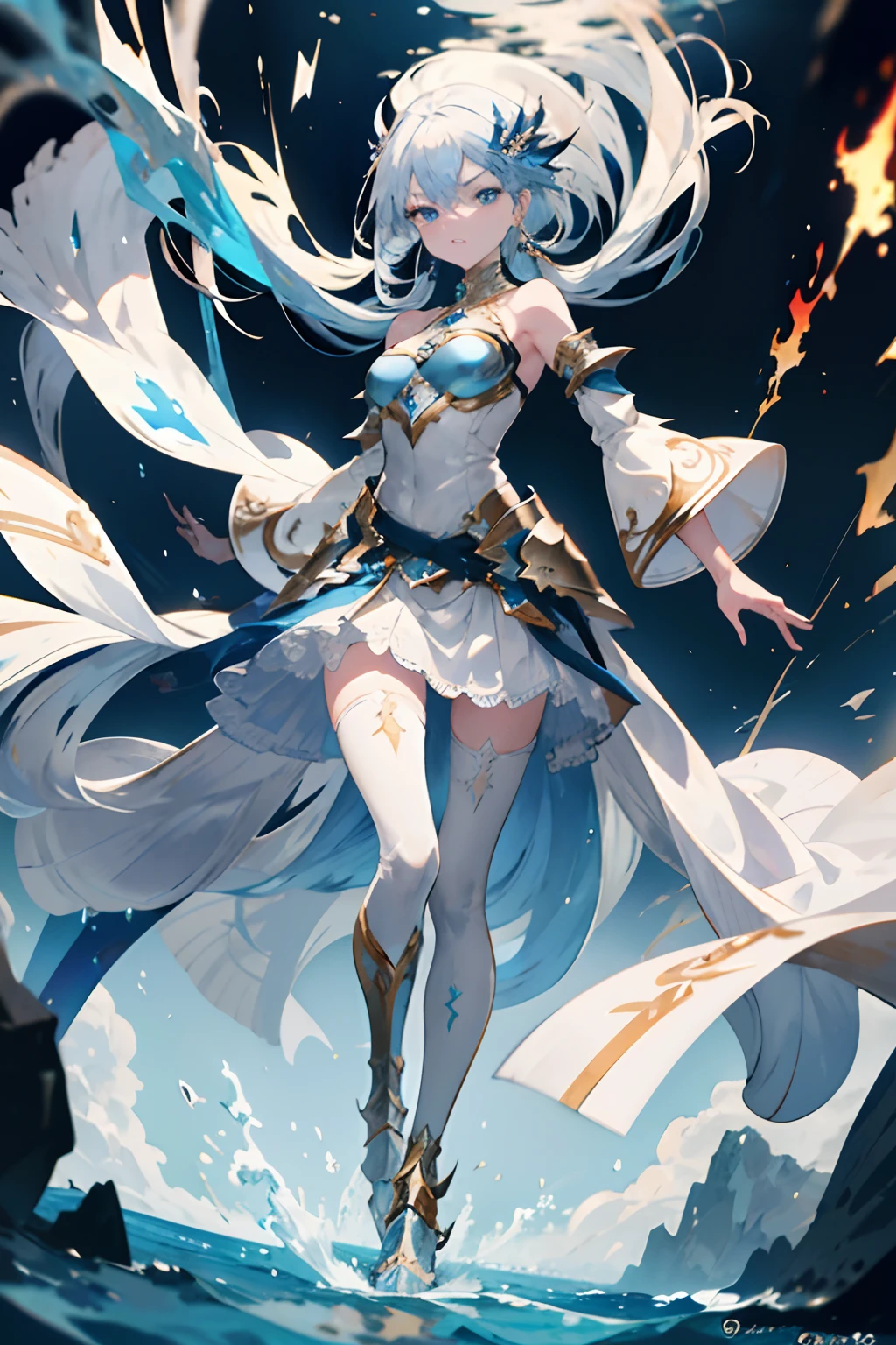 (masterpiece), (best quality), (ultra detail face), fierce expression, beautiful face, perfect face, slim waist, stunning figure, one girl, fire sparks on left side, long hair, white hair with blue accent line, blue eyes, blue hair tie, white detached sleeves, feet armor, high heels, white skirt, white patterned black stockings, water splash on right side, flying chunks of rocks, dust, blue sky, clouds, extremely high details, blue dress, knightly attire, warrioress, fire bending, water bending, shining eyes, gold ornaments, fantasy breastplate, light armor, ornamental feet armor, bare shoulder, standing, long right bangs, battle mage concept, untied hair