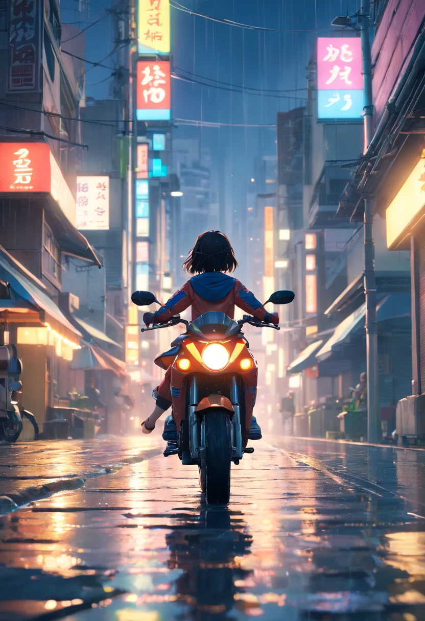 1girl, dress, jacket, rain, ground vehicle, helmet, mecha, motor vehicle, motorcycle, on motorcycle, vehicle focus, wheel, night, road, street, rain, city, puddles, 8k, ultra realistic, lens flare, atmosphere, glow, detailed, intricate, full of colour, cinematic lighting, trending on artstation, 4k, hyperrealistic, focused, extreme details, unreal engine 5, cinematic, Masterpiece, best quality