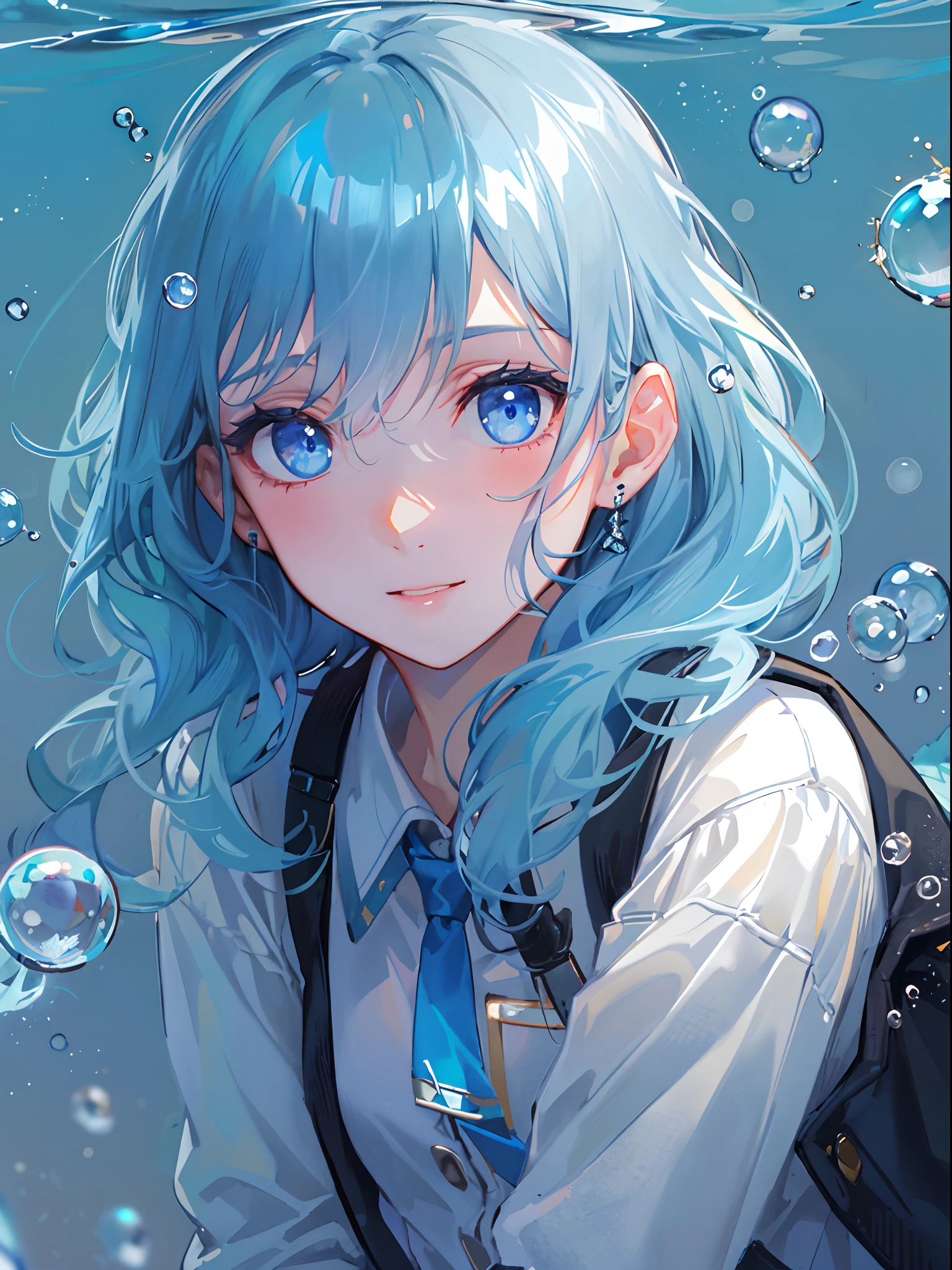((top-quality)), ((masterpiece)), ((ultra-detailliert)), (extremely delicate and beautiful), girl with, 独奏, cold attitude,((Black jacket)),She is very(relax)with the(Settled down)Looks,A dark-haired, depth of fields,evil smile,Bubble, under the water, Air bubble,bright light blue eyes,Inner color with light blue hair and light blue tips,Cold background,Bob Hair - Linear Art, shortpants、knee high socks、White uniform like school uniform、Light blue ribbon ties、Clothes are sheer、Hands in pockets、Bright eyes like sapphires,flourescent blue, There was a little blue light floating around、Upper eyes、