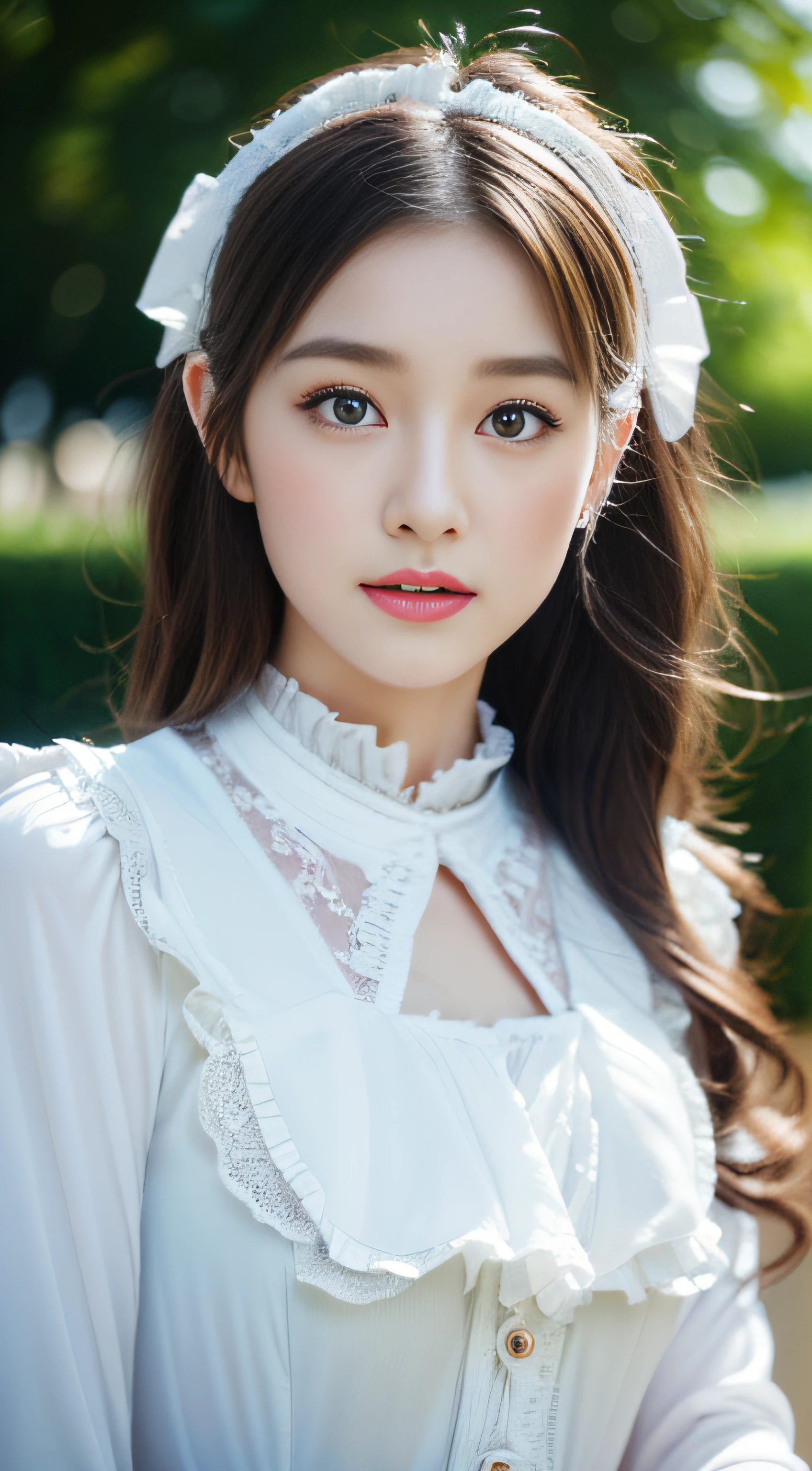 (((32K,very high res, high detailing, highly accurate,Masterpiece Girl 1))),Raw photo & realistic atmosphere,beautiful dark blue eyes,Detailed mouth,Glossy lips,Detailed eyebrows,Soft white skin that shines with every detail,,Eyes drawn in detail、Very beautiful eyes with azure eyes,Detailed lips、Very beautiful face,Very well-formed face、Lifelike face,shiny beautiful lips,Beautiful eyebrows,Infinite reality,Best design,(Insanely cute Japan girl,Healthy style,Beautiful breasts with big breasts,Very cute beautiful girl,Little GirlBest Natural Makeup,Japanese ido,Korean Idols,Japan Cheer Girl,Korean Cheergirls,Moist eyes,Dark beautiful eyes,Beautiful butt,beauty legs,,camel's foot,,Skinny Fingers,Detailed beautiful legs:1.3),超A high resolution、,Natural and realistic face,Back lighting,Pure eyes are too cute,(((photorealisim))),(Shabby chic-inspired motifs:1.2), (Closed collar (white:1.2) Long sleeve blouse with ruffles and ribbons:1.2), (Aesthetic cottage Coal Renaissance Long (white:1.2) doress (A lot of layers of some kind of pastel ruffles:1.2) and ribbons:1.2), with floral pattern, White lace, Voluminous panniers below (long:1.2) jumper skirt, (Lace Ruffle Socks:1.3), bonnet, pearls, Tea Party Shoes, frilld