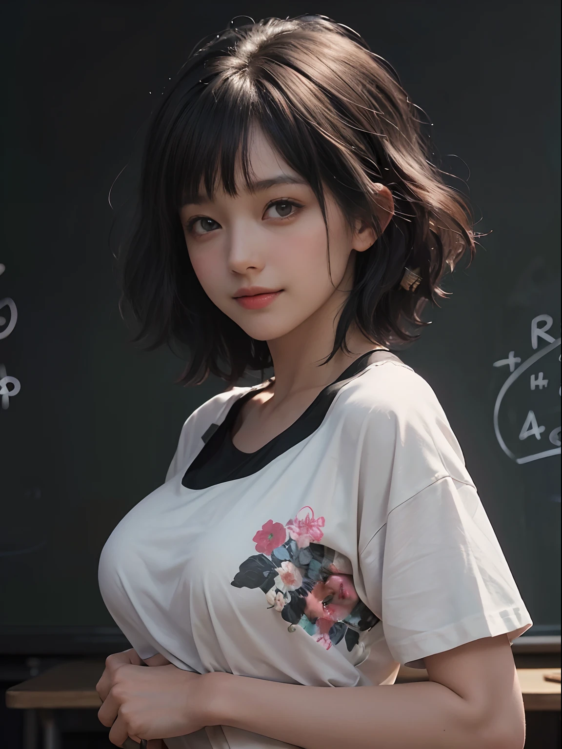 (Black Shorthair:1.5),  (a 20 yo woman), (T-shirt design), (Floral clothing), (Breast bulge),((Being in a physics classroom)),  (A hyper-realistic), (Relaxed), (Increased resolution), (8KUHD), (Extremely detailed), (Best Illustration), (Beautiful and detailed eyes), (Best Quality), (ultra-detailliert), (masutepiece ), ( Wallpaper), (Detailed face), Fine details,  Deep Shadows, lowkey,  Smiling,  (There is a photo of Einstein), (There are a lot of photos of physicists), (Solving the chalkboard formula), Standing in front of the blackboard