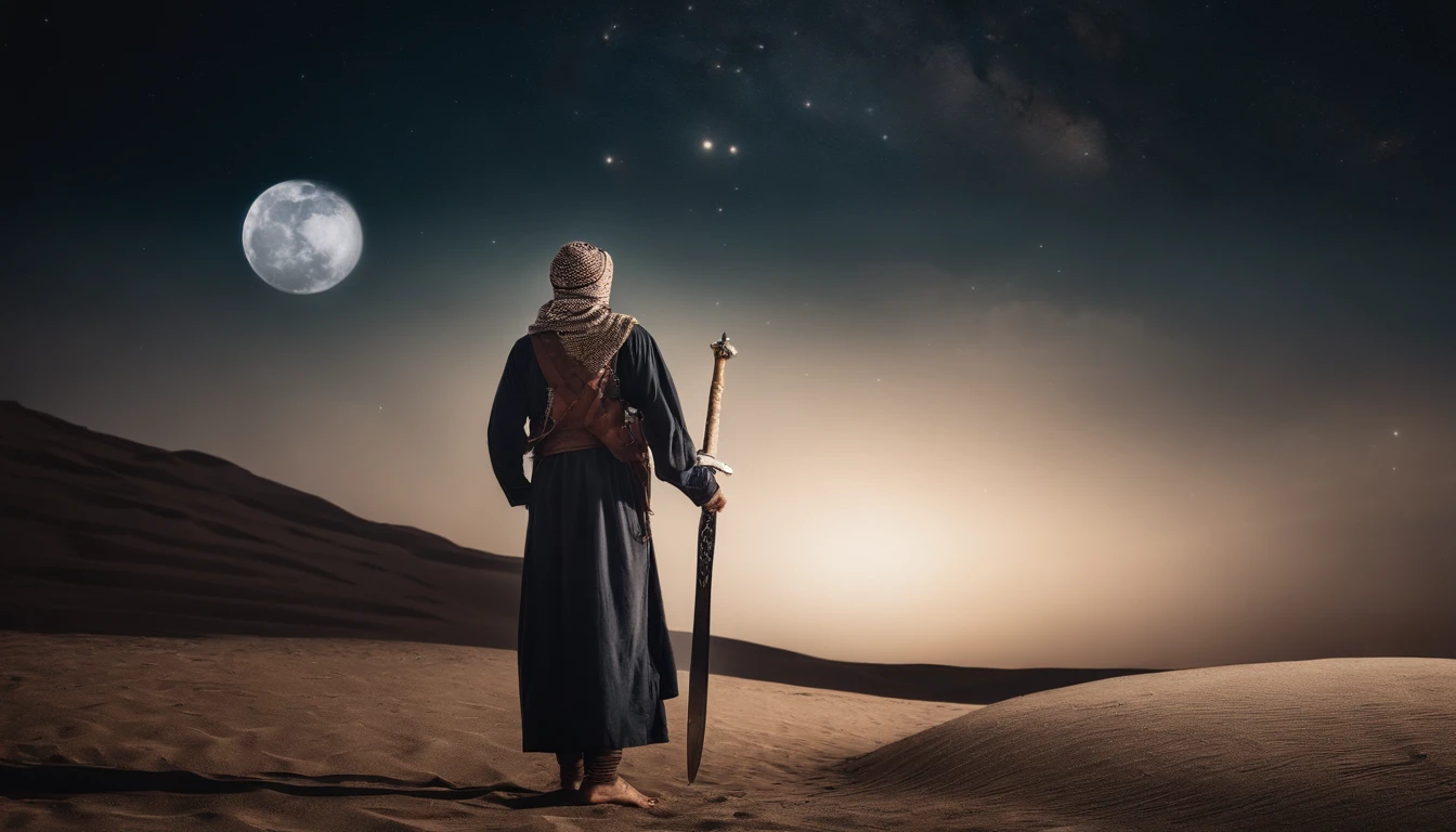 The figure of a Muslim looking at the sky against the background of space and an old Islamic costume carrying a sword