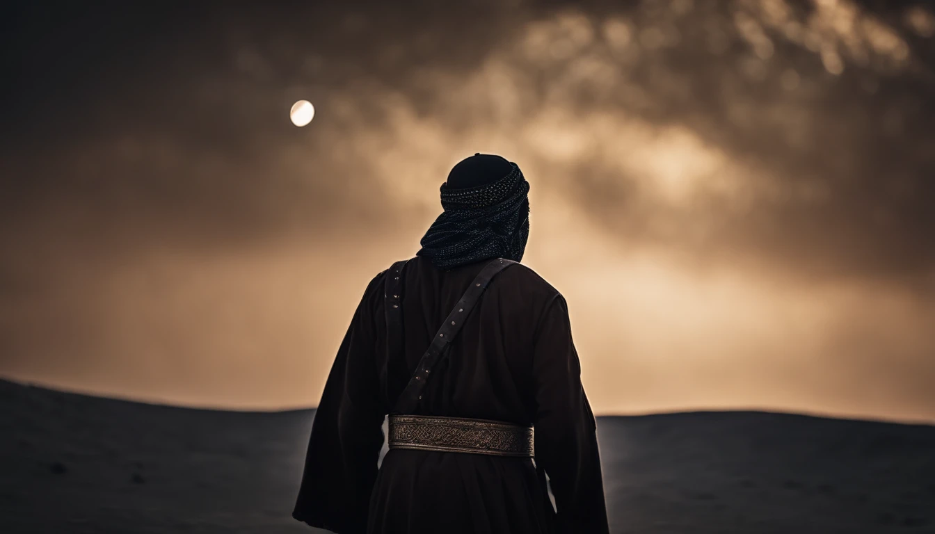 The figure of a Muslim looking at the sky against the background of space and an old Islamic costume carrying a sword