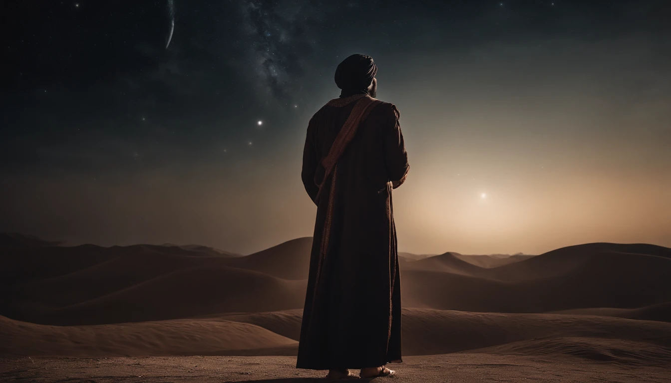 The figure of a Muslim looking at the sky against the background of space and an old Islamic costume carrying a sword
