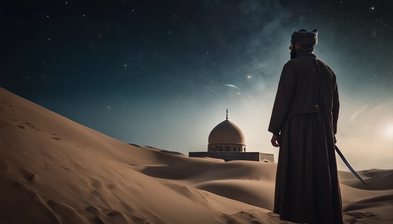 The figure of a Muslim looking at the sky against the background of space and an old Islamic costume carrying a sword