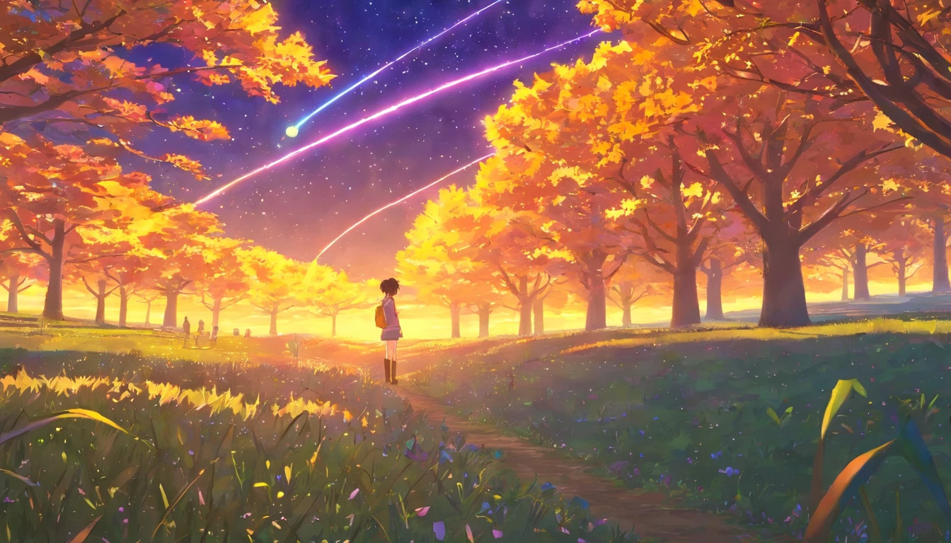 Vast landscape photos,(look from down,Above is the sky,Below are open fields),a girl standing on flower field looking up,(moon full:1.2),(meteors:0.9),(Starcloud:1.3),Far Mountain, Tree BREAK making art,(Warm light source:1.2),(glowworm:1.2),lamp lights,lot of purple and orange,intricate-detail,Volumetric Lighting BREAK(tmasterpiece:1.2),(best qualtiy),4K,ultra - detailed,(dynamic compositions:1.4),Plenty of detail,plethora of colors,(Irridescent color:1.2),(with light glowing,Atmospheric lighting),dream magical,Magical,(独奏:1.2