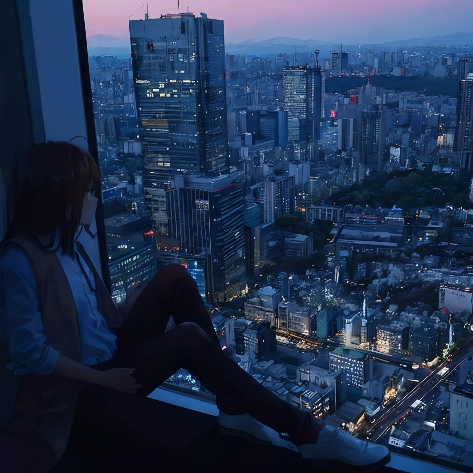 araffe sitting on a window sill looking out at a city, brown hair, long hair, sitting in tokyo, sitting on a skyscraper rooftop, on future tokyo night rooftop, set in tokyo rooftop, on rooftop tokyo night, tokyo in the background, overlooking a modern city, tokyo city in the background, tokyo japan, perched on a skyscraper, tokyo city