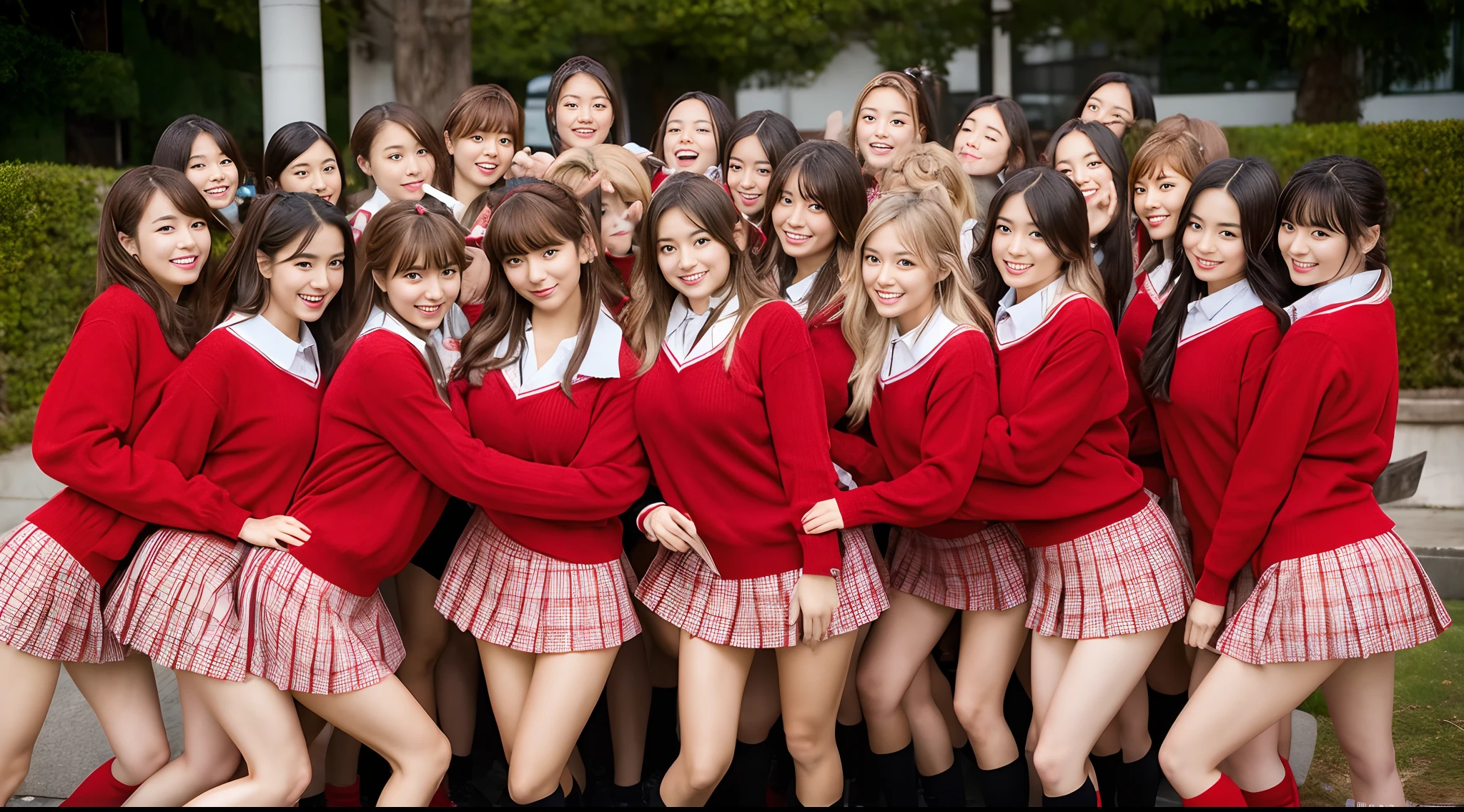 An ultra-high picture quality　50 Japan schoolgirls　Surrounded by 50 girls in red sweaters　爆乳　a miniskirt