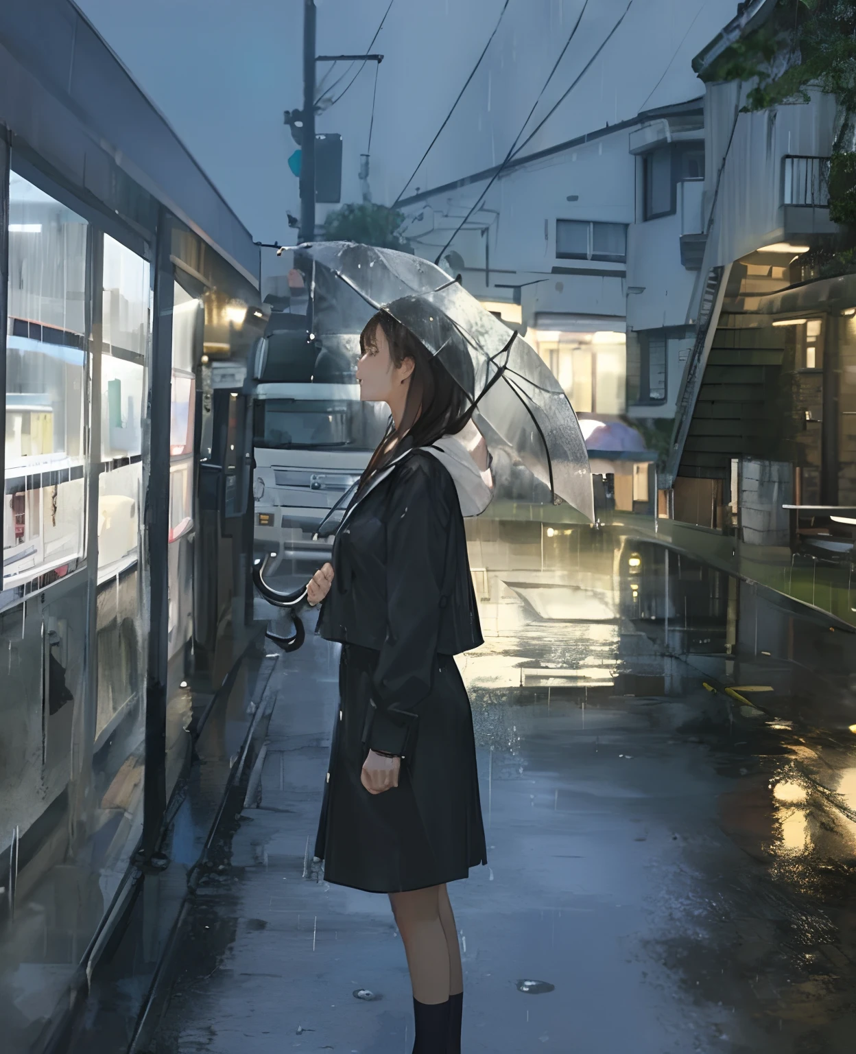 woman standing on a wet sidewalk with an umbrella in the rain, brown hair, long hair, rainy mood, rainy day, rainy evening, rainy afternoon, on a rainy day, rainy weather, rain aesthetic, bus stop on a rainy day, raining outside, photo pinterest, lofi girl, in the rain, raining, pretty girl standing in the rain, rainy outside, under rain, rainy day outside