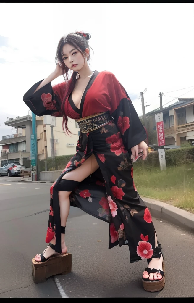infp young woman、large full breasts、beautiful foot、Colorful hair、、Good Style、Red and black kimono、Skirt with slit、