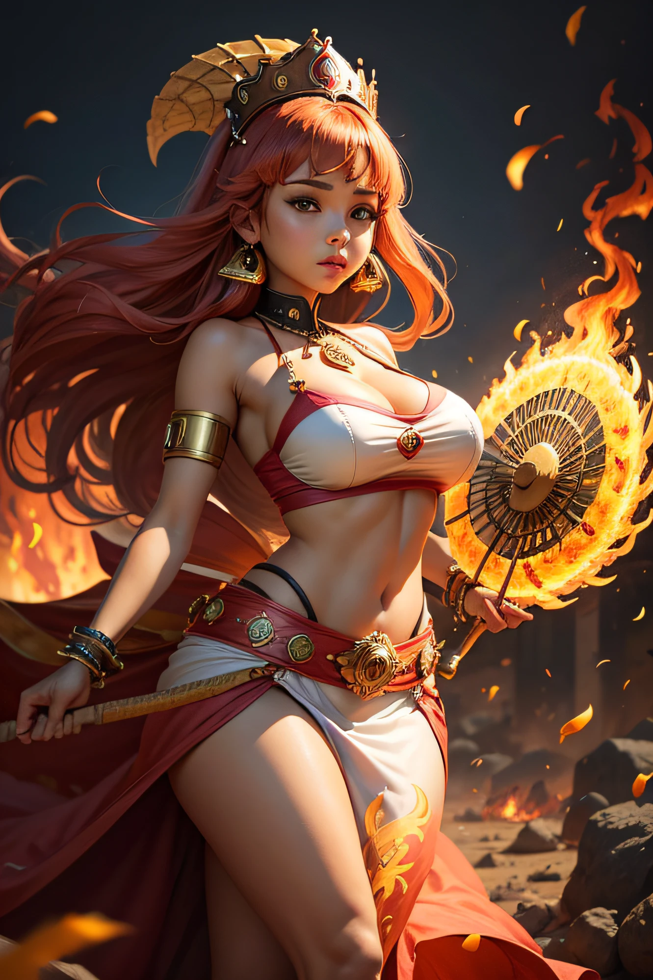The Iron Fan Princess is holding a huge plantain fan with flames around her
