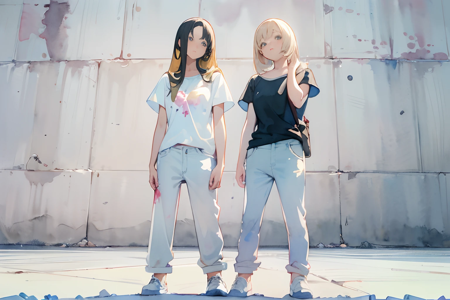 ((masutepiece)), (Professional Photography:1.2), (High Definition:1.3), Best Quality, (watercolor painting:1.3), from below, wide shot, the beautiful concrete ground, (simple white background:1.10), pale blue, 2girl wear T-shirts, retreating figure, long blond hair and long black hair