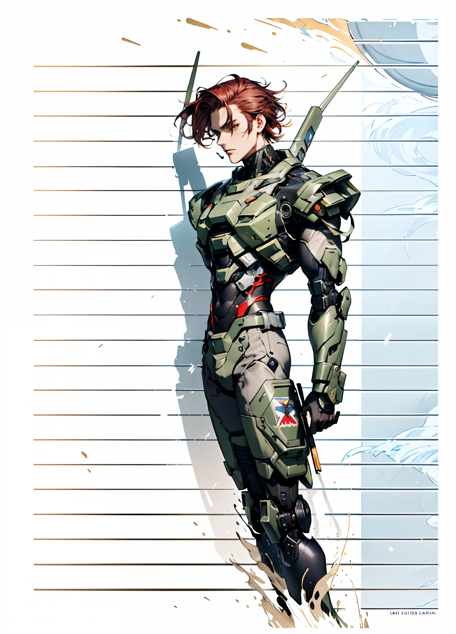 A man with short red-gold hair, hair slicked back, thick and disheveled hair, a cold and ruthless gaze, a confident expression, wears a two-piece futuristic military-style uniform, primarily in shades of white and red, accented by touches of yellow, streamlined wristguard gloves, matching trousers, he stands in a futuristic sci-fi-style hangar housing a colossal mech, stands within a futuristic sci-fi hangar, where a colossal mech is stationed, this character embodies a finely crafted futuristic military officer in anime style, characterized by an exquisite and mature manga illustration art style, high definition, best quality, highres, ultra-detailed, ultra-fine painting, extremely delicate, professional, anatomically correct, symmetrical face, extremely detailed eyes and face, high quality eyes, creativity, RAW photo, UHD, 8k, Natural light, cinematic lighting, masterpiece:1.5