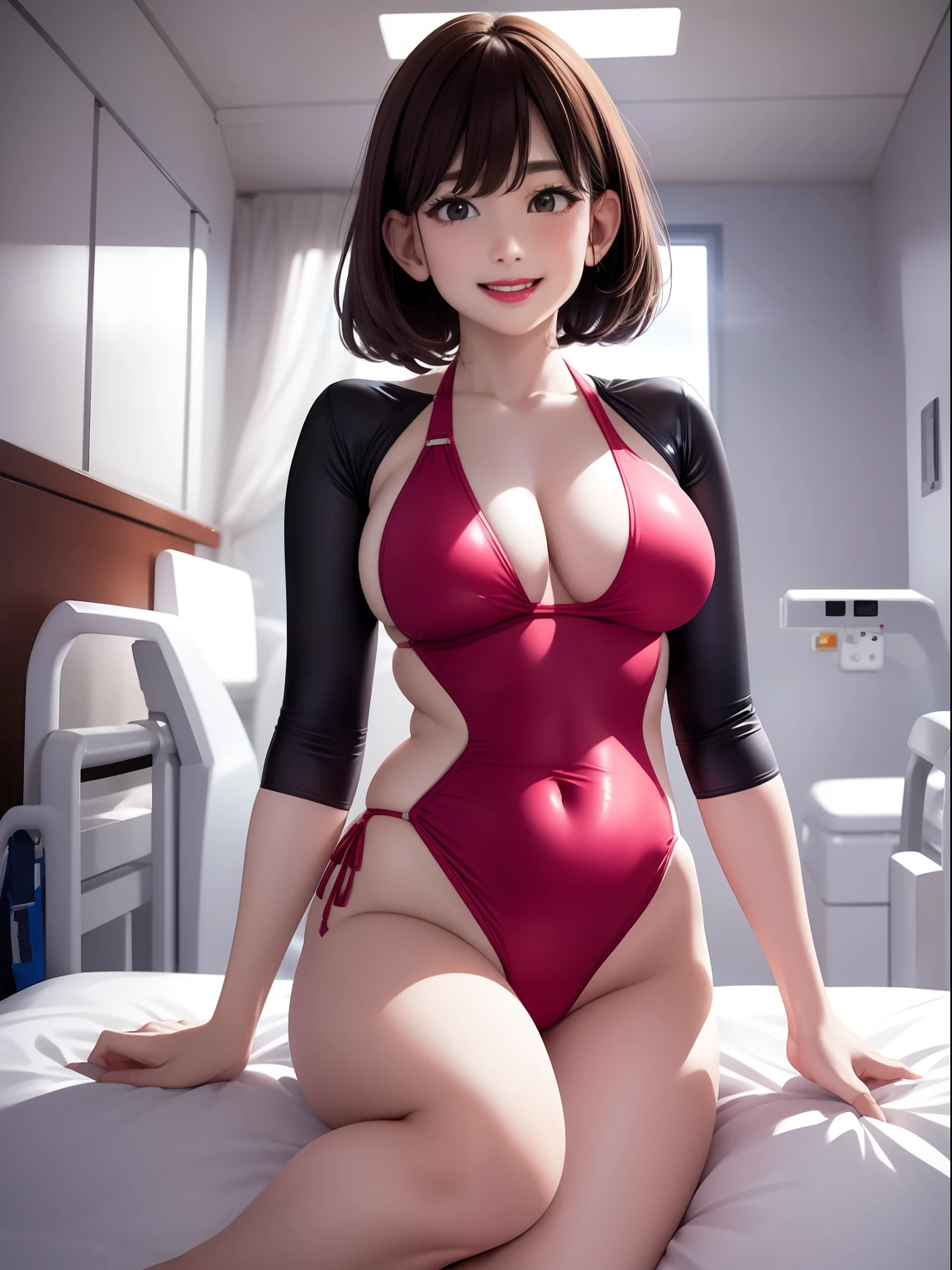 Spread legs、m-legs,Whole body、competition swim suit, onepiece swimsuit, Latex,、Bob Hair、red lipsticks、a miniskirt、Full smile、Lift the hem of the skirt、Hospital bed,irrumatio,
