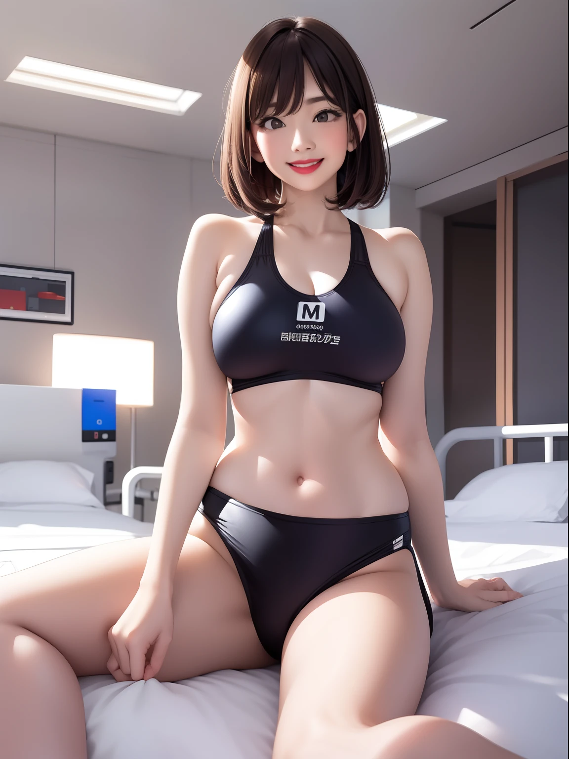 Spread legs、m-legs,Whole body、competition swim suit, onepiece swimsuit, Latex,、Bob Hair、red lipsticks、a miniskirt、Full smile、Lift the hem of the skirt、Hospital bed,irrumatio,