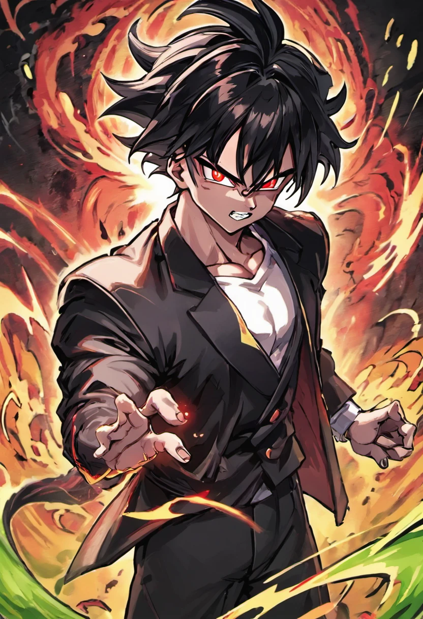 A man with a black jacket and white shirt , black pushed back haircut, black hair, DBZM Dragon Ball, stunning aura, lots of action , lots of Ki energy, grass background , black ClothMask , red eyes , dragon ball style , anime , drawing