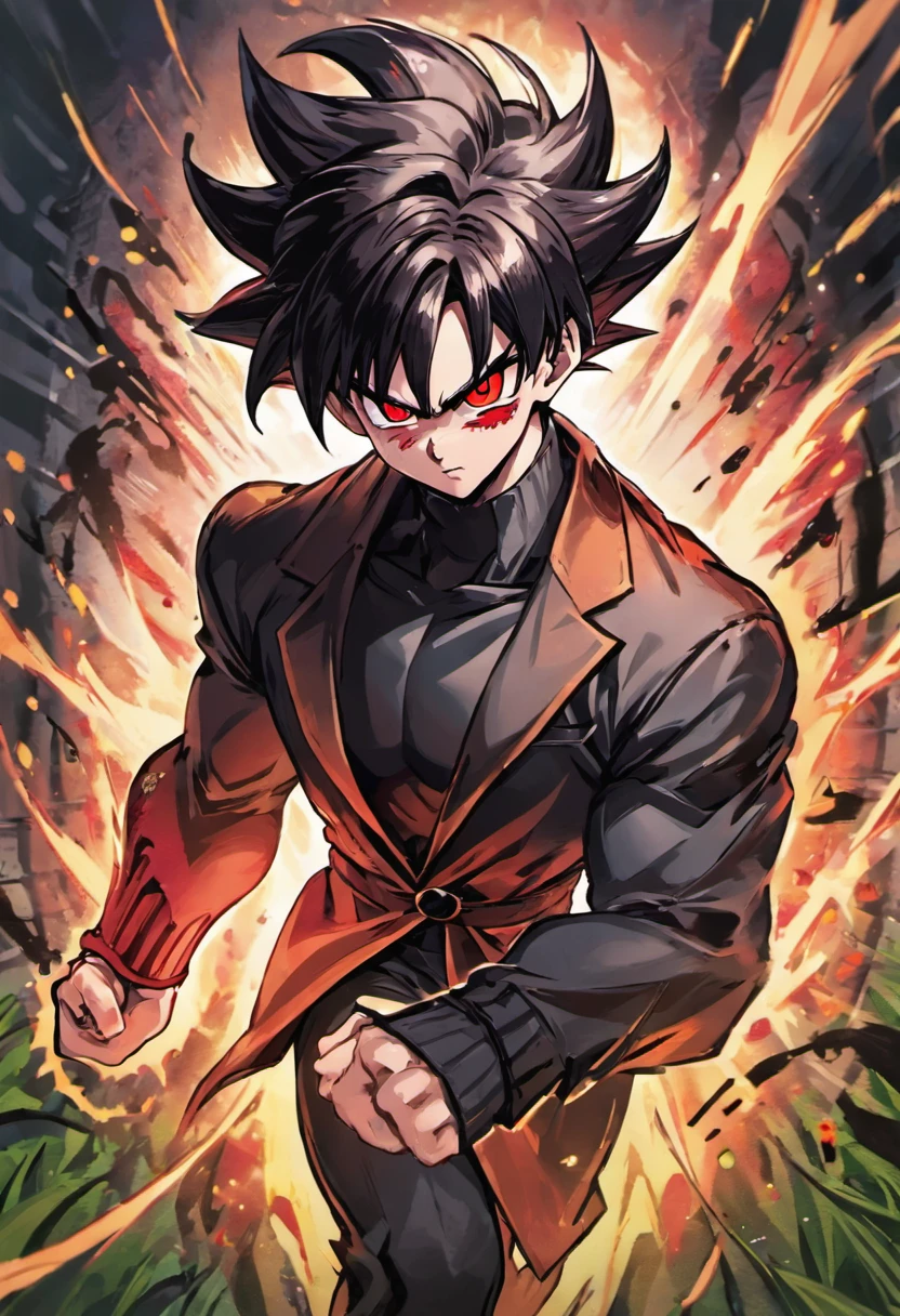 A man with a black jacket and white shirt , black pushed back haircut, black hair, DBZM Dragon Ball, stunning aura, lots of action , lots of Ki energy, grass background , black ClothMask , red eyes , dragon ball style , anime , drawing