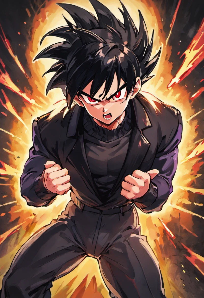 A man with a black jacket and white shirt , black pushed back haircut, black hair, DBZM Dragon Ball, stunning aura, lots of action , lots of Ki energy, grass background , black ClothMask , red eyes , dragon ball style , anime , drawing