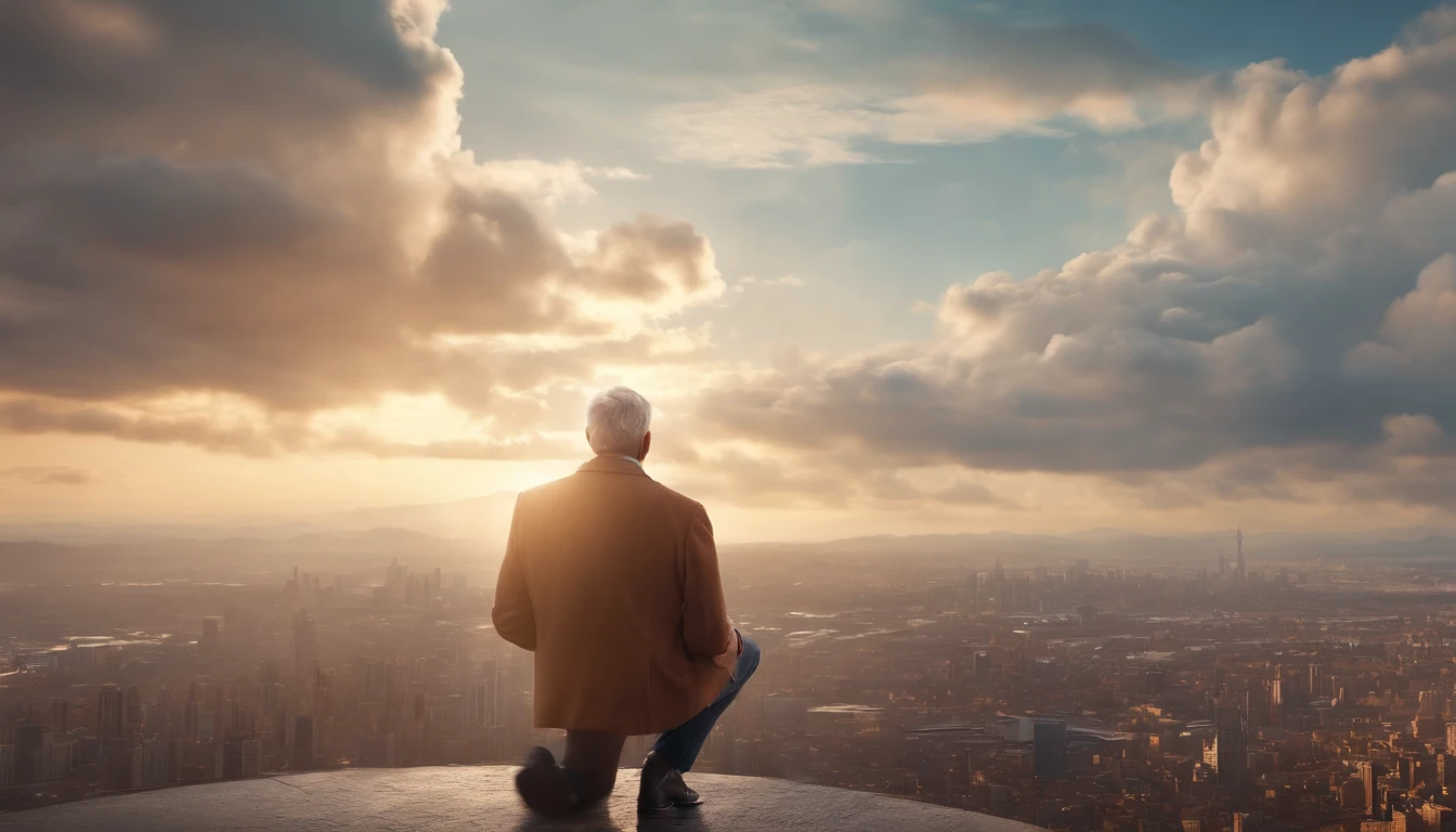 Middle-aged guy smiling, An open look, joying, awe, jour, Warm tones, Against the background of the distant city of the future in rare, but beautiful clouds, Sci-Fi, (8K, extra high resolution, Masterpiece, Best Quality:1.2)