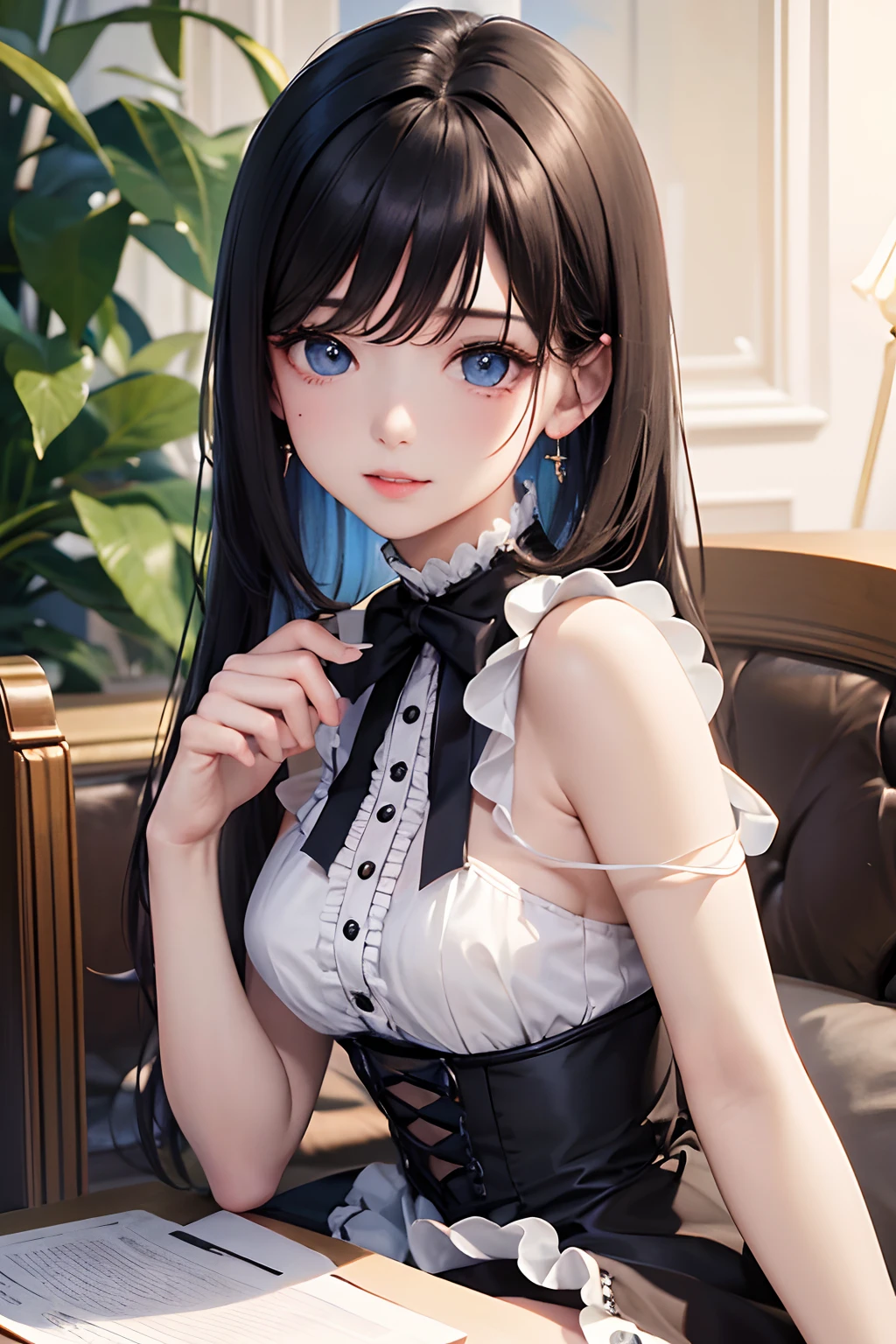 1girl in、looking at the viewers、
The upper part of the body、Beautiful blue eyes、Twin-tailed black hair、Moles under the eyes、Plump and glossy lips、Heart-shaped choker、gazing at viewer、smiling at the viewer、。.。.。.。.。.。.。.。.。.。.。.。.。.。.。.。.。.。.。.。.3D、realisitic、
Blouses with ruffles、Ultra mini skirt、florals、Lace trim、Meet at the café terrace、
masterpiece、top-quality、8K、detailed skin textures、Detailed Cloth Texture、beautifull detailed face、intricate-detail、ultra-detailliert、
Rim lighting、Side lighting、ciinematic light、超A high resolution、8K UHD、film grains、Best Shadow、delicated、gazing at viewer、front facing