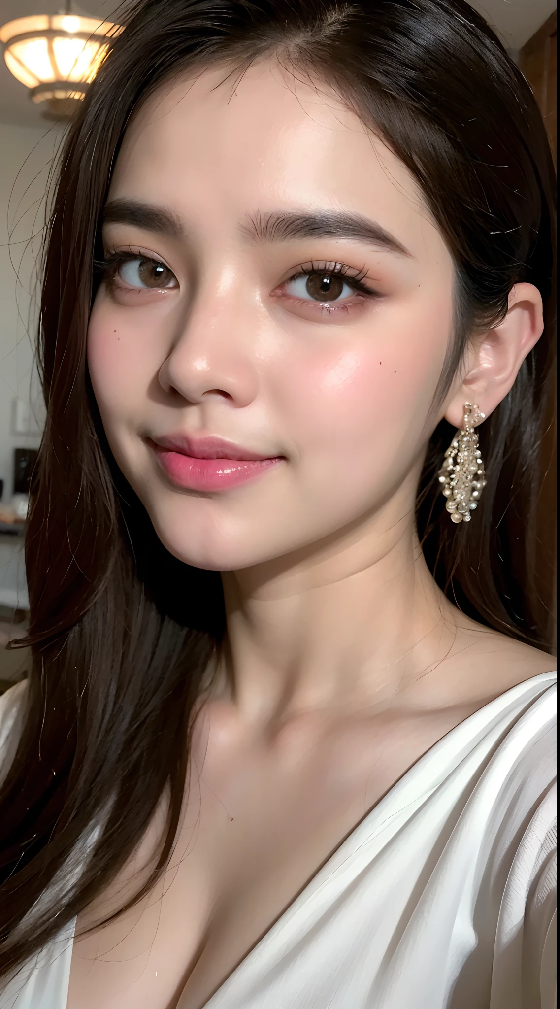 ((best quality, 8k, masterpiece: 1.3)), 1 girl, Slim Abs Beauty: 1.3, ( Casual and cute hairstyle: 1.2), : 1.1, Charming face expression of enjoyment and desire, Detailed eyes, double eyelids, With earrings, bedroom, Concert makeup, ((Medium breasts nude, cute breasts)), (Lying in bed), (The portrait was taken from above her lying body)