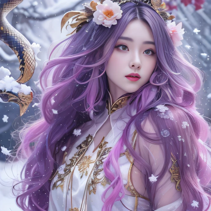 Snow hoop exclusion area 32K（tmasterpiece，k hd，hyper HD，32K）Long flowing purple-pink hair，Autumn Pond，zydink， a color， Tongzhou people （Girl with glowing eyes）， （Thin silk scarf）， Combat posture， looking at the ground， long whitr hair， Floating hair， Python headdress， Chinese long-sleeved clothing， （abstract ink splash：1.2）， white backgrounid，Peony flower protector（realisticlying：1.4），Purple-pink hair，Snowflakes fluttering，The background is pure， A high resolution， the detail， RAW photogr， Sharp Re， Nikon D850 Film Stock Photo by Jefferies Lee 4 Kodak Portra 400 Camera F1.6 shots, Rich colors, ultra-realistic vivid textures, Dramatic lighting, Unreal Engine Art Station Trend, cinestir 800，long and flowing hair