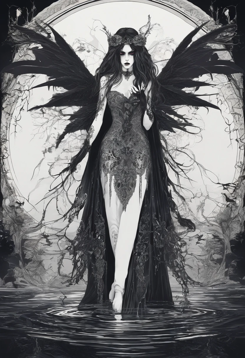 beautiful woman Full body scary Water fae humanoid being with gills and webbed fingers and sharp . Dark long hair. Black eyes. Thin and bone-thin.