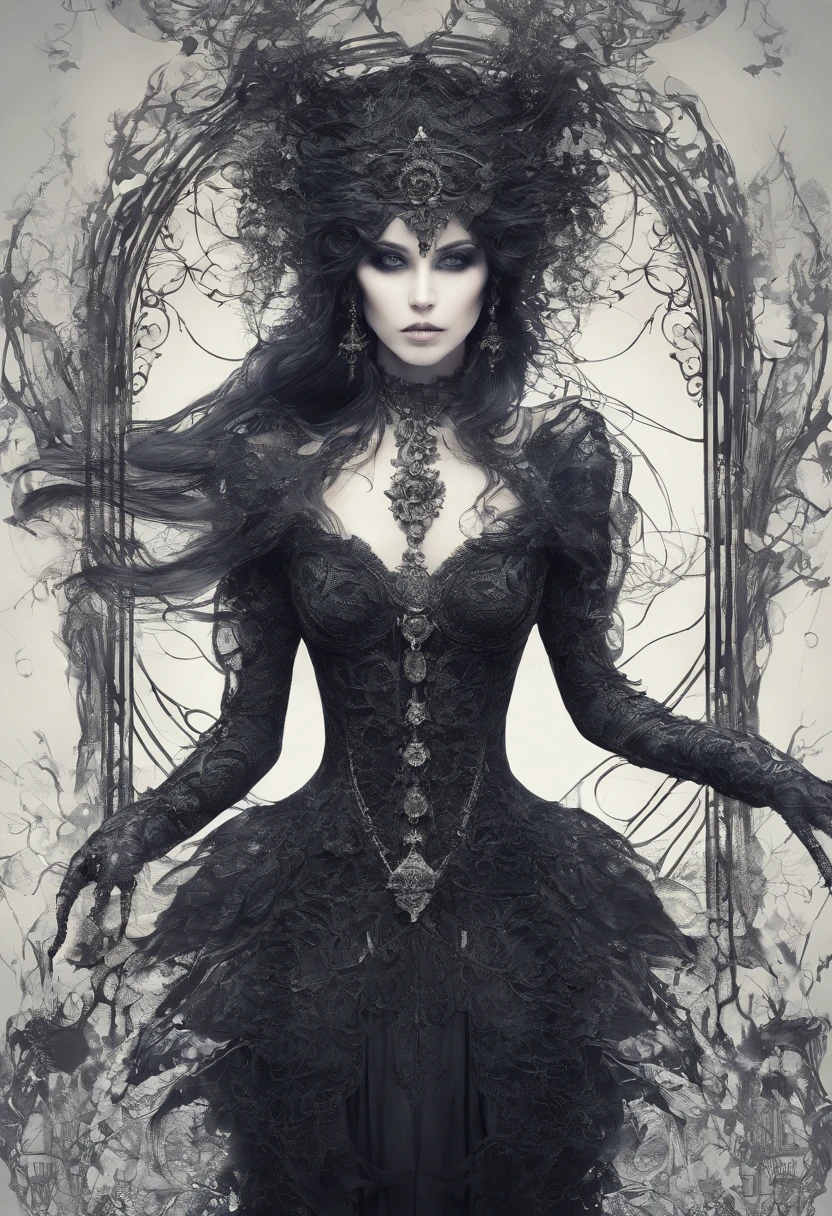 beautiful woman Full body scary Water fae humanoid being with gills and webbed fingers and sharp . Dark long hair. Black eyes. Thin and bone-thin.