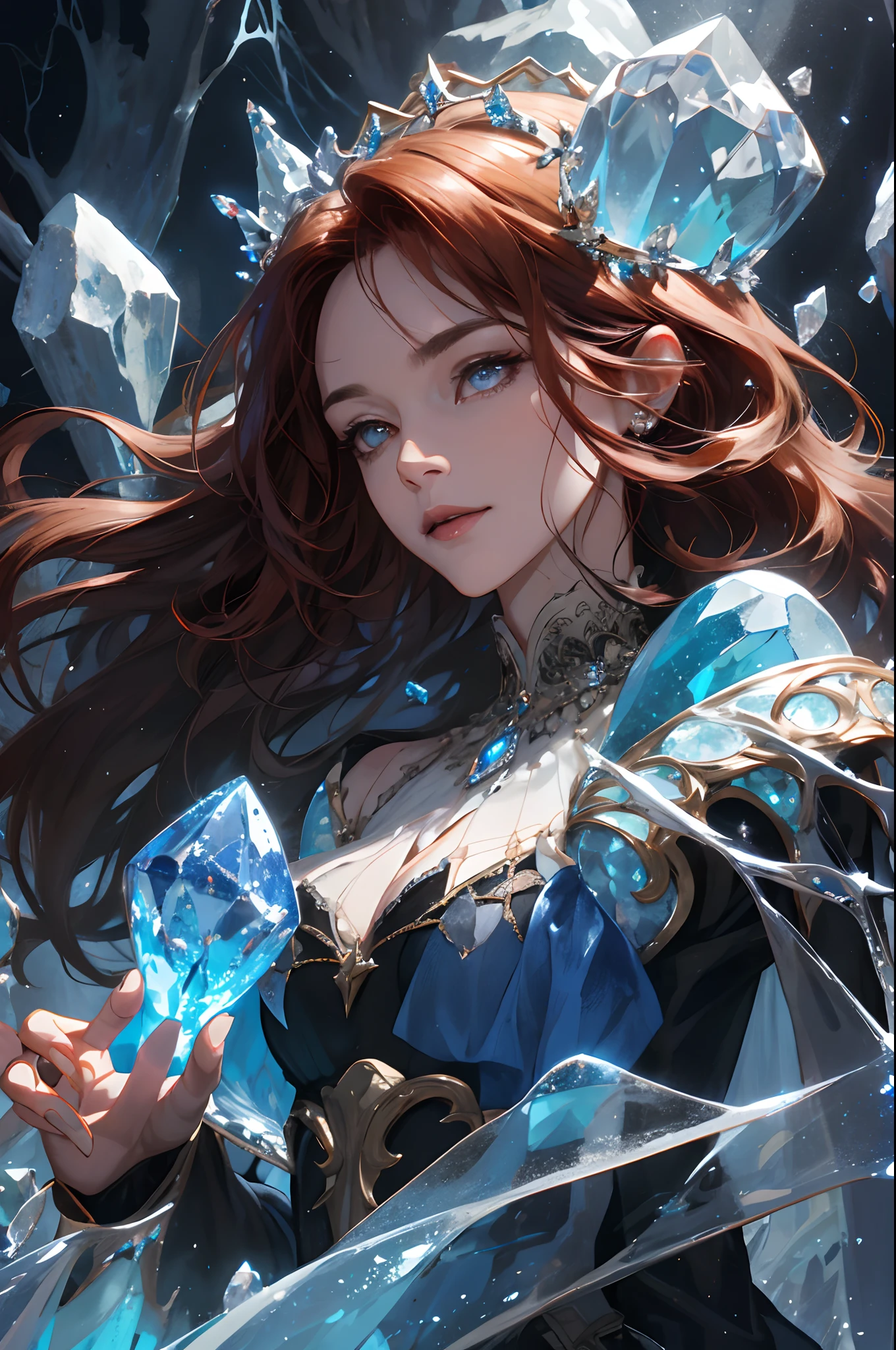 (absurdres, highres, ultra detailed), 1woman, mature female, aged up, wavy long hair, auburn hair, coral eyes, bangs, long sleeves, finely detailed eyes and detailed face, extremely detailed CG unity 8k wallpaper, intricate details, (style-swirlmagic:1.0), looking at viewer, solo, upper body, detailed background, close up, detailed face, (gothic dark ages theme:1.1), crystal sorcerer, dynamic pose, earth themed clothes, crystal crown, floating in the air, glowing magical shards, surrounded by blue magical crystals, rock formations, stalactites, magical floating particles, crystal glass, crystal sphere, crystal canyon background, (shallow water:0.7), epic ethereal atmosphere, updraft,, portrait