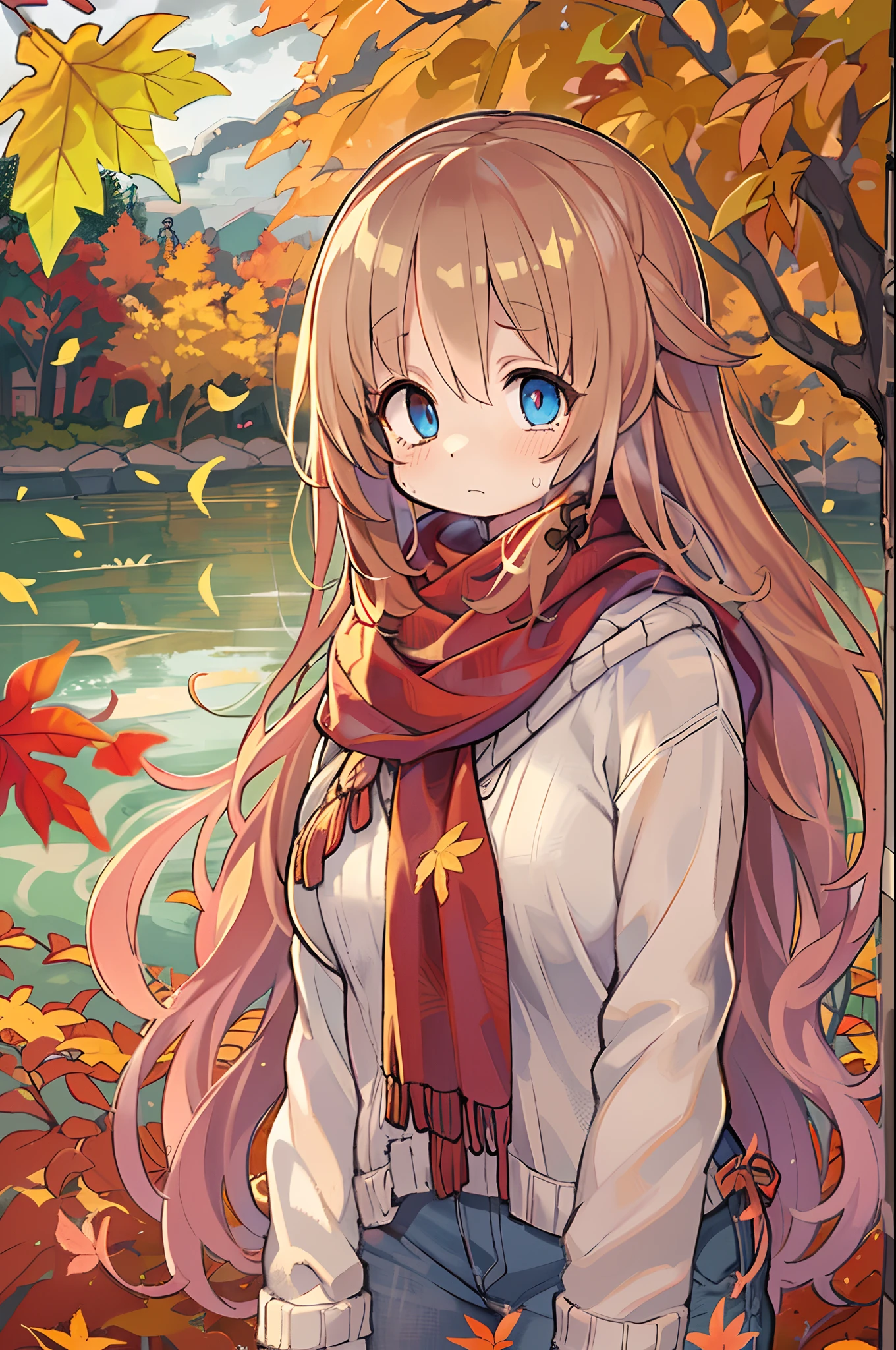 (masutepiece), Best Quality, Ultra-detailed, Illustration, Warm lighting, Soft lighting, Bright colors, 1 girl, Solo,( Beautiful Girl, Long hair, Blue eyes, bow ribbon, Brown hair, hair between eye, Hair Ribbon, side locks, Very long hair, hair messy,) , Autumn, Many maple trees, maple leaves, golden leaves, Colored leaves, Dry leaves, River, Refreshing air, Peace, Cool breeze , Sweater Weather,( Wear a white or brown sweater, red scarf, Moody autumn, Wistful, a gloomy, sad ,worried, longing,)