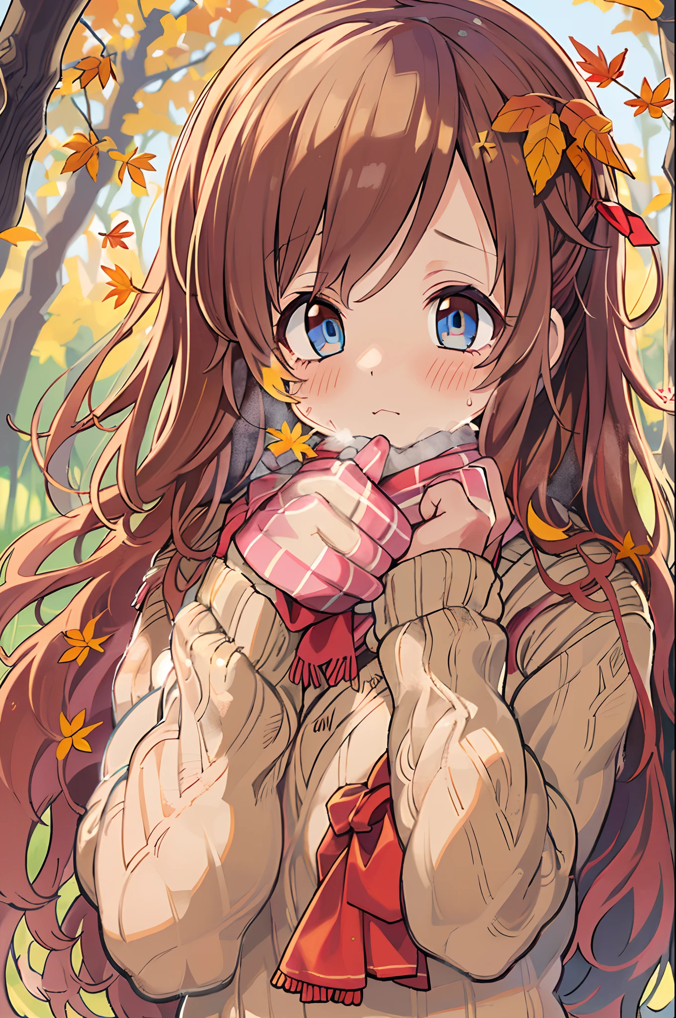 (masutepiece), Best Quality, Ultra-detailed, Illustration, Warm lighting, Soft lighting, Bright colors, 1 girl, Solo,( Beautiful Girl, Long hair, Blue eyes, bow ribbon, Brown hair, hair between eye, Hair Ribbon, side locks, Very long hair, hair messy,) , Autumn, Many maple trees, maple leaves, golden leaves, Colored leaves, Dry leaves, River,  Refreshing air,  Peace, Cool breeze , Sweater Weather,( Wear a white or brown sweater, red scarf, Moody autumn, Wistful, a gloomy, sad ,worried, longing,)