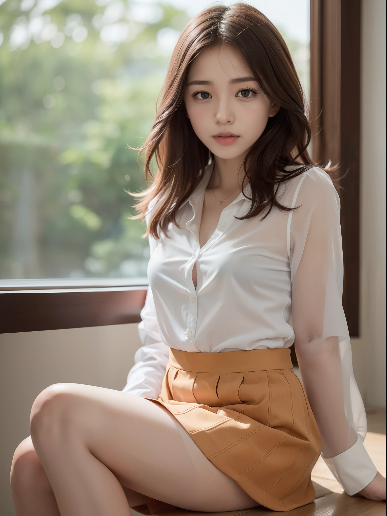 ((of the highest quality, 8K, masutepiece: 1.3, Raw photo)), Sharp Focus: 1.2, (1 AESPA Girl :1.1), Solo, (Realistic, Photorealistic: 1.37), (Face Focus: 1.1), Cute face, hyperdetailed face, short messy hair, Small Smile, small breasts, flat chest, nude, (white chiffon shirt, check skirt: 1.2), (Sitting with one knee up: 1.2), classroom, thigh, (roll up the skirt: 1.2), Cattleya