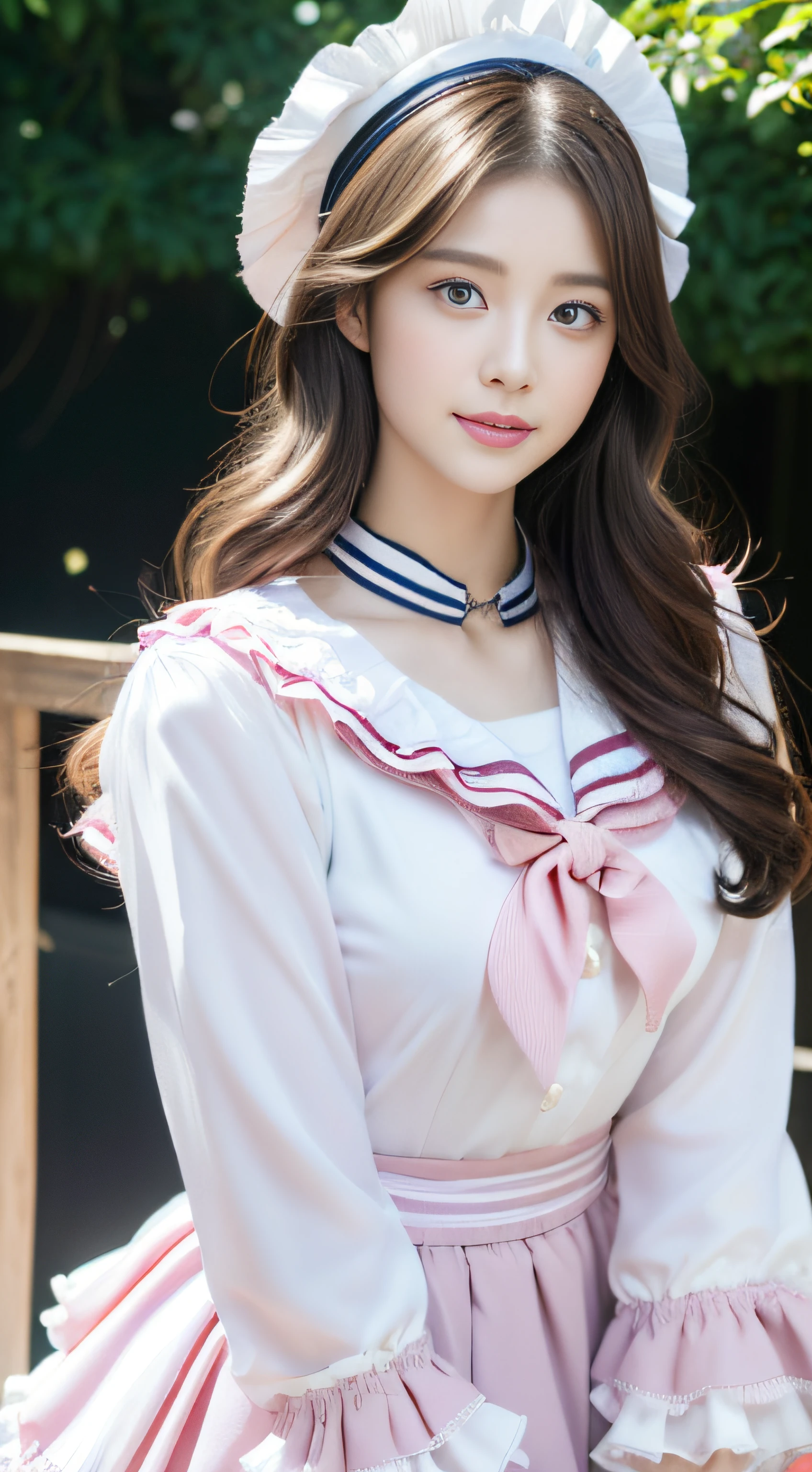 (((32K,very high res, high detailing, highly accurate,Masterpiece Girl 1))),Raw photo & realistic atmosphere,beautiful dark blue eyes,Detailed mouth,Glossy lips,Detailed eyebrows,Soft white skin that shines with every detail,,Eyes drawn in detail、Very beautiful eyes with azure eyes,Detailed lips、Very beautiful face,Very well-formed face、Lifelike face,shiny beautiful lips,Beautiful eyebrows,Infinite reality,Best design,(Insanely cute Japan girl,Healthy style,Beautiful breasts with big breasts,Very cute beautiful girl,Little GirlBest Natural Makeup,Japanese ido,Korean Idols,Japan Cheer Girl,Korean Cheergirls,Moist eyes,Dark beautiful eyes,Beautiful butt,beauty legs,,camel's foot,,Skinny Fingers,Detailed beautiful legs:1.3),超A high resolution、,Natural and realistic face,Back lighting,Pure eyes are too cute,(((photorealisim))),((some kind of pale pink and white,:1.4) sailor-inspired motif, sailor collar, striped bow, knee-length skirt, (a volumey pannier under a long petticoat:1.3), (closed collar long-sleeved blouse with frilled and ribbon:1.2), ((various kinds of colored:1.4) aesthetic cottage-core Renaissance dress with (lots of layered frills:1.2) and ribbons:1.2), sailor hat, (lace ruffle socks:1.2), anchor charm, platform shoes