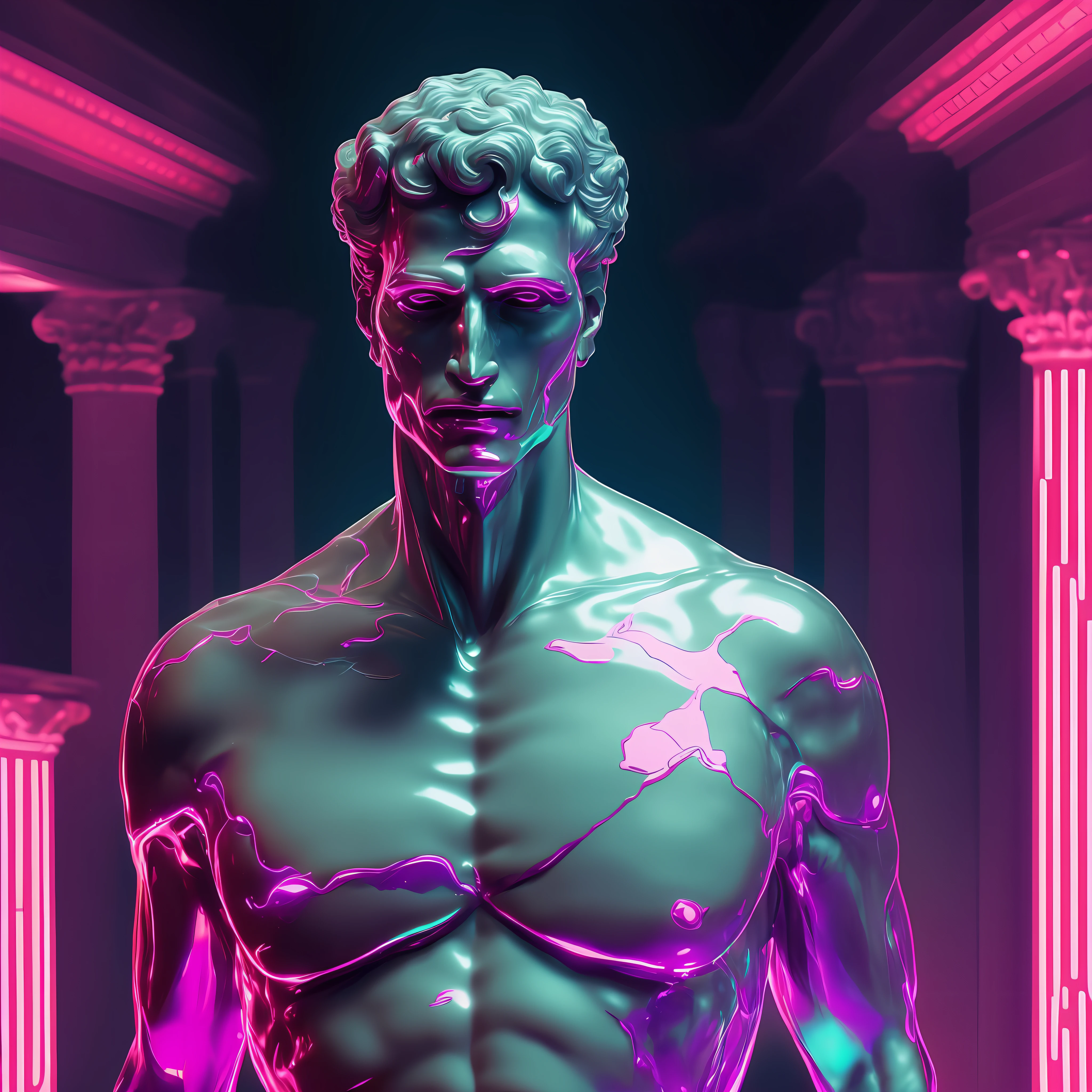a close up of a statue with lines coming out of it, by Mike Winkelmann, holography, vaporwave!, octane render, greek god, blind, neon roman, stoic attitude