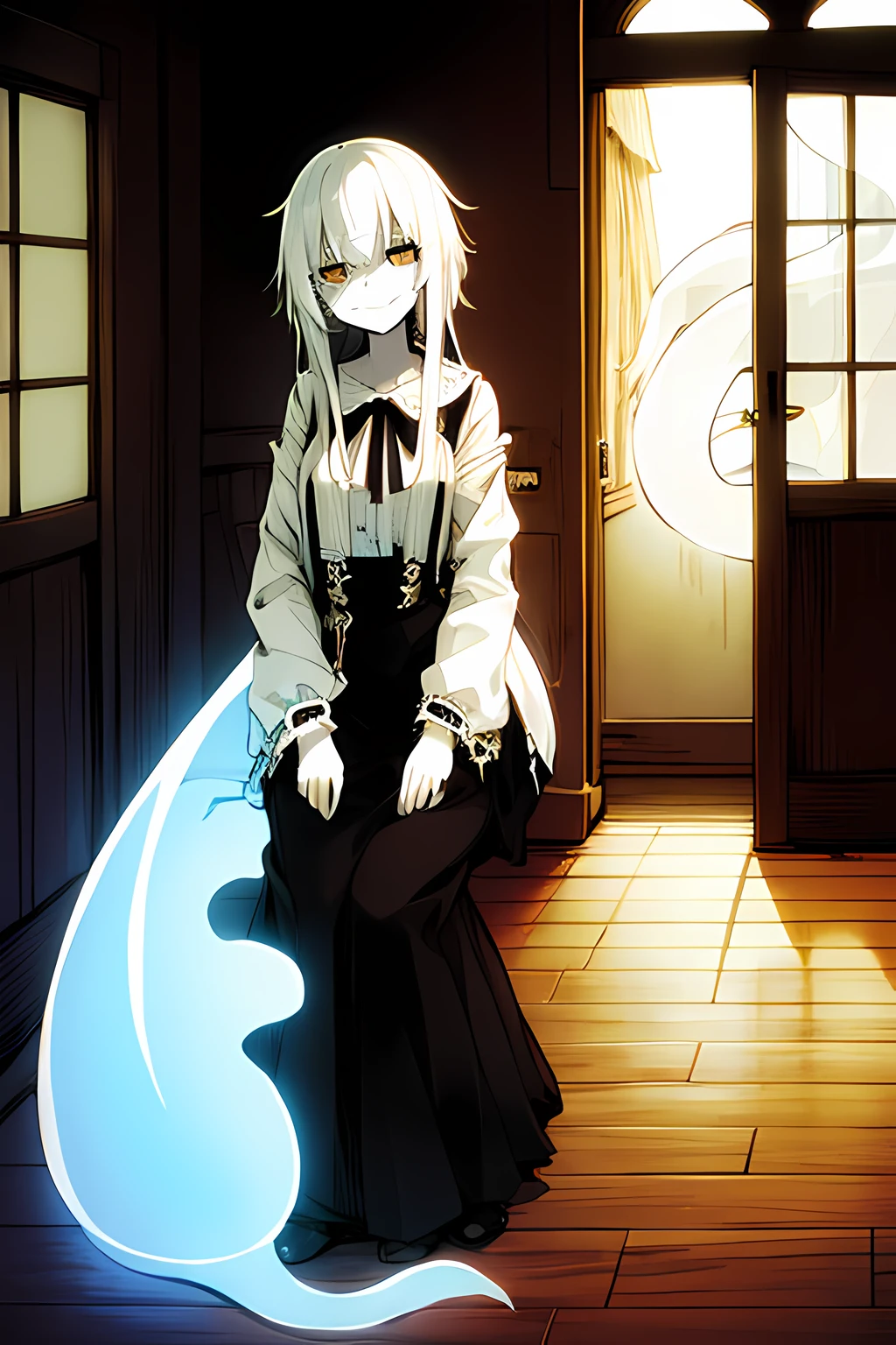 1ghost girl, white hair, gold eyes, ripped clothes, abandoned house, smug, cute, stiches, tired, pure white skin