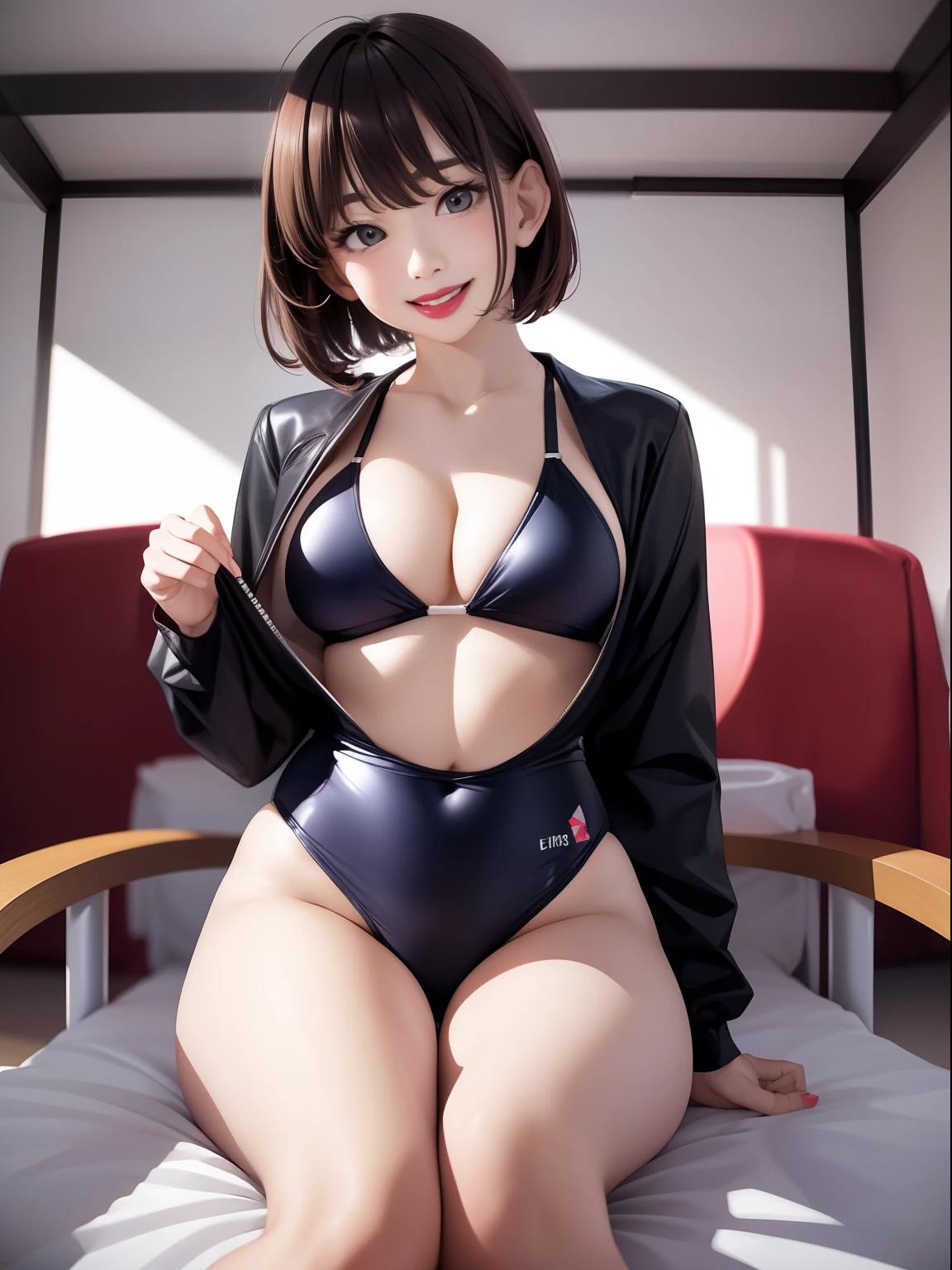 Spread legs、m-legs,Whole body、competition swim suit, onepiece swimsuit, Latex,、Bob Hair、red lipsticks、a miniskirt、Full smile、Lift the hem of the skirt、Hospital bed,irrumatio,