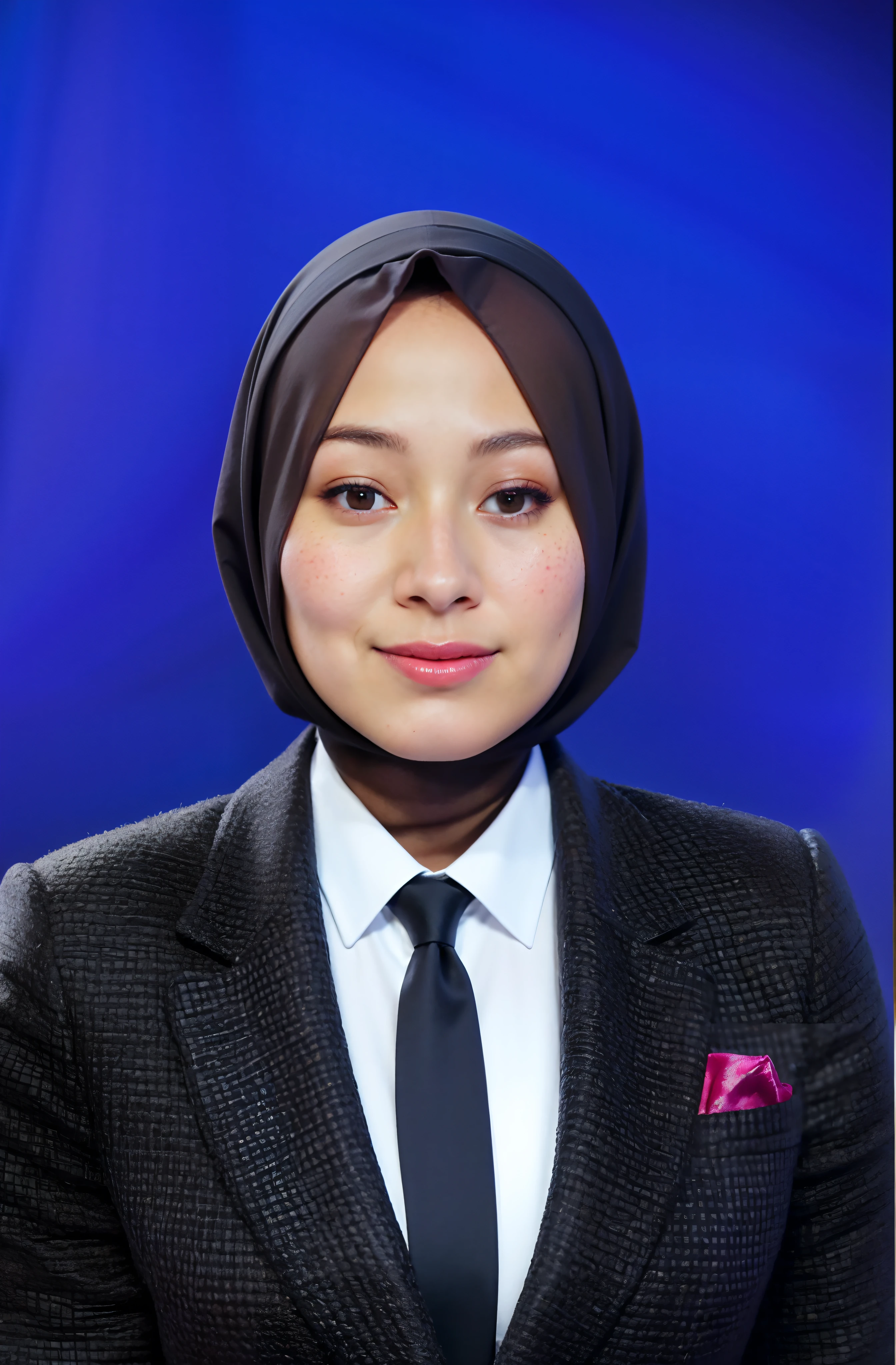 High quality image, masterpiece, detailed hair texture, detailed skin texture, detailed cloth texture, 8k, ultra detailed skin texture, ultra detailed photo, skin pores, portrait of a girl, wearing a hijab, wearing blazer, add fabric details, realistic fabric texture, realistic skin texture
