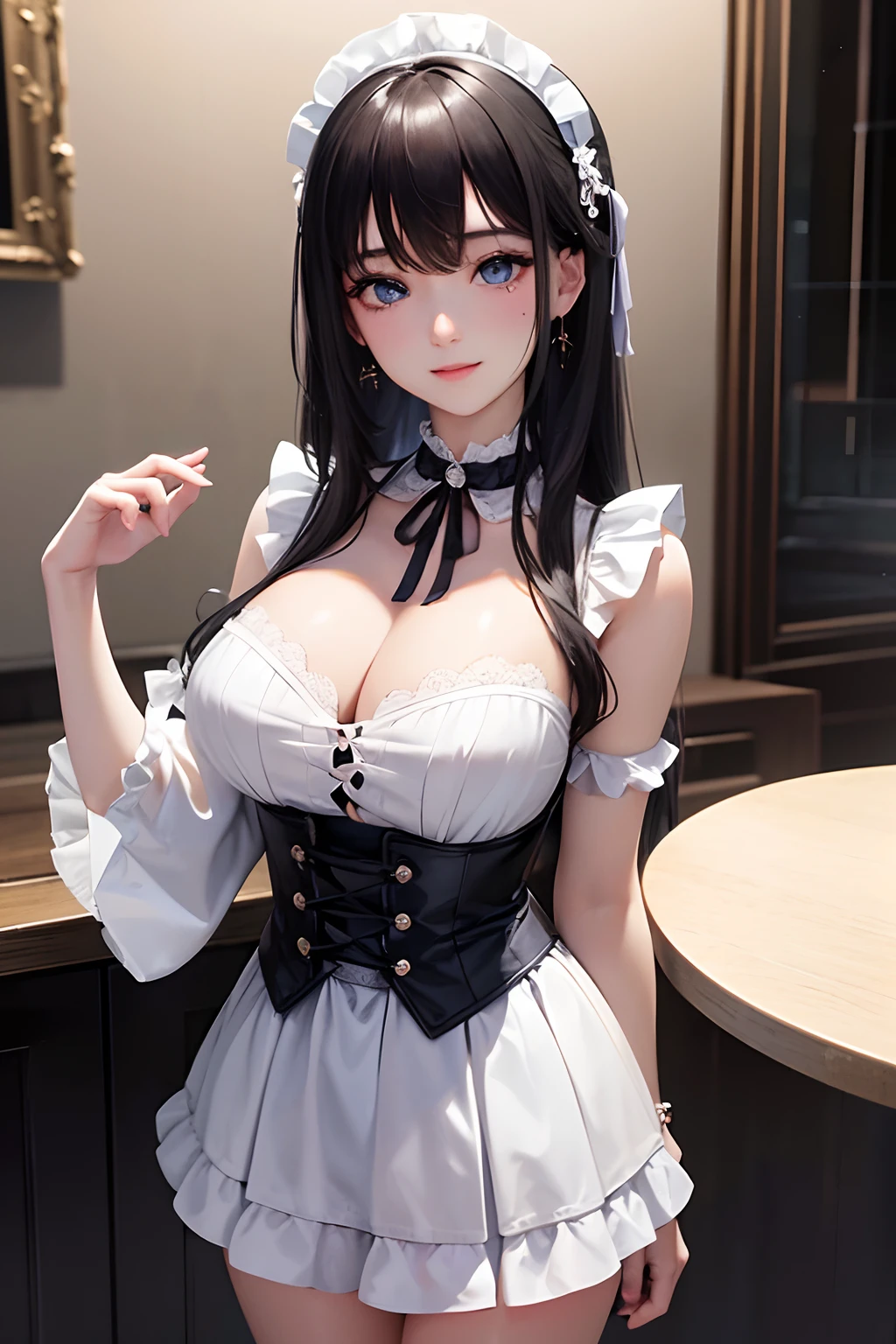 1girl in、looking at the viewers、
The upper part of the body、Beautiful blue eyes、Twin-tailed black hair、Moles under the eyes、Plump and glossy lips、Heart-shaped choker、gazing at viewer、smiling at the viewer、。.。.。.。.。.。.。.。.。.。.。.。.。.。.。.。.。.。.。.。.。.3D、realisitic、
Blouses with ruffles、Ultra mini skirt、florals、Lace trim、Meet at Cafe Terrace、
masterpiece、top-quality、8K、detailed skin textures、Detailed Cloth Texture、beautifull detailed face、intricate-detail、ultra-detailliert、
Rim lighting、Side lighting、ciinematic light、超A high resolution、8K UHD、film grains、Best Shadow、delicated、gazing at viewer、front facing