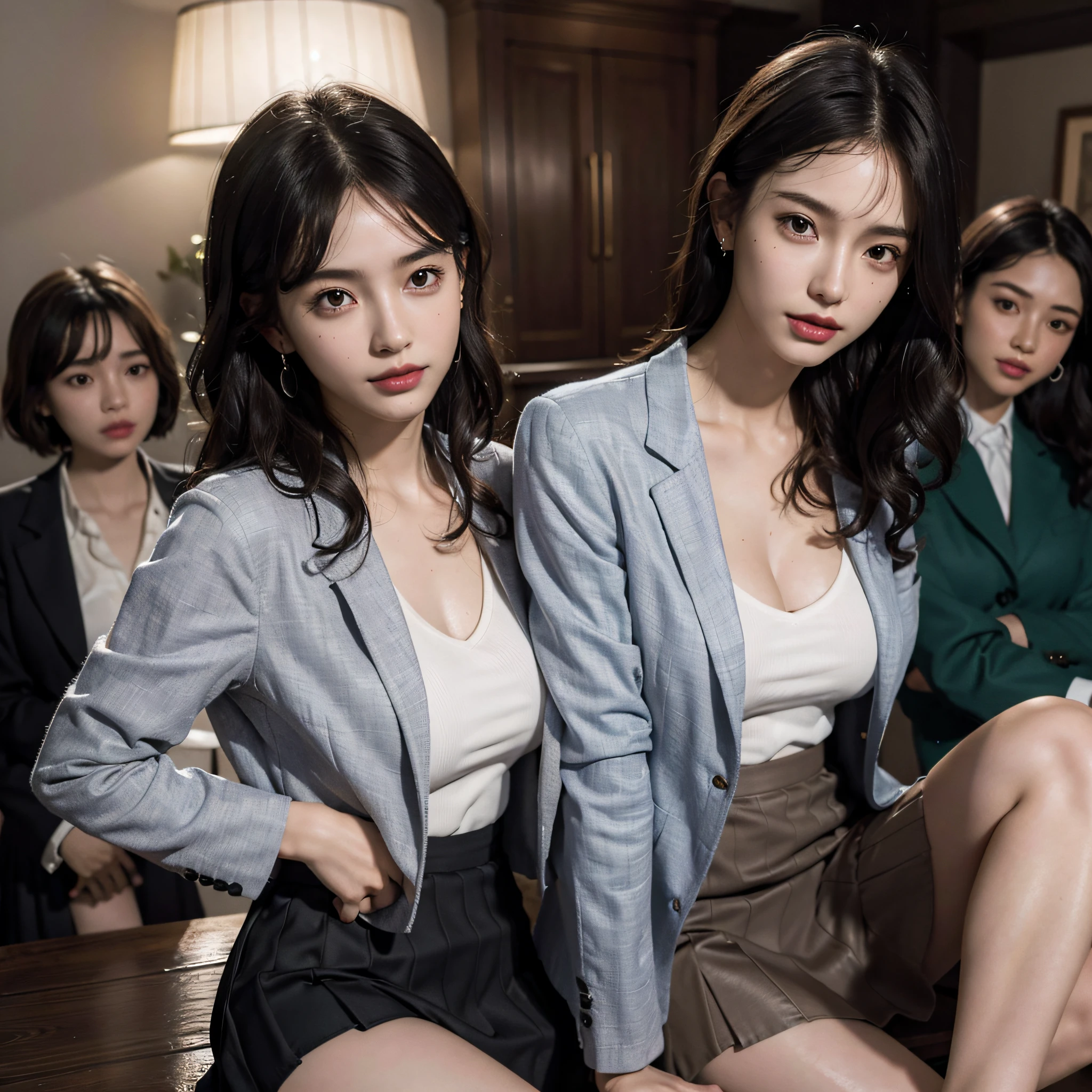 disorganized, RAW photo, very delicate and beautiful, masterpiece, highest quality, ultra high resolution, 16k, surreal, super detailed, perfect anatomy, super dense skin, perfect figure, Highly detailed CG 8k wallpaper, 20&#39;s, very slim body, tight waist, very small head, very small face, delicate facial features, tearful mole, earrings, thin legs, (very huge round breasts:1.2), (full body shot:0.8), (3 girls:1.1), short hair, wavy hair, (suit:1.1), (blazer:1.2), skirt, (dress shirt:1.1),