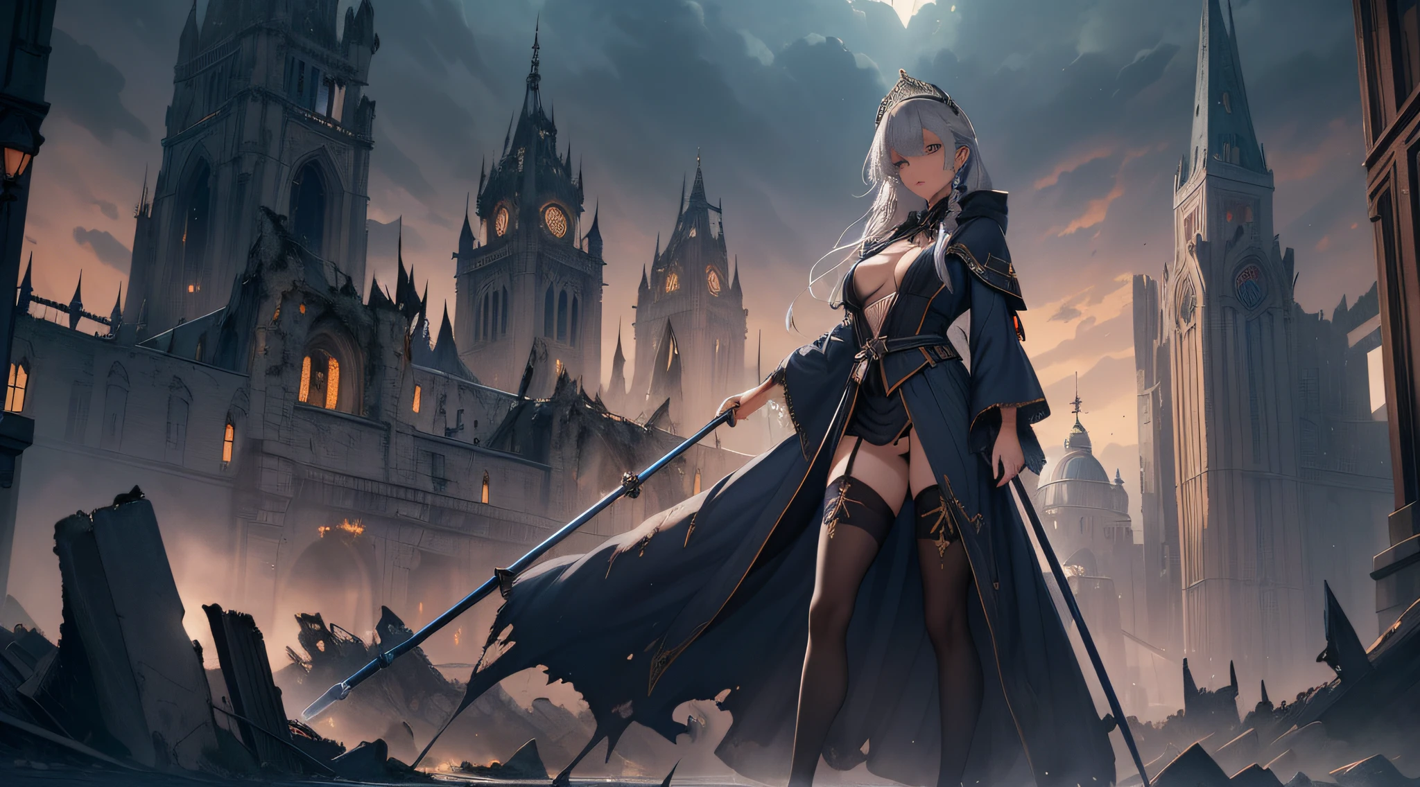 masterpiece, ultra detailed, 8k portrait, RAW photo, highly detailed, Ambient lighting, Shadow details, medieval fantasy, world of swords and magic, strong breeze, Light fog, Destroyed Stone buildings, well-ordered cobblestone walkways, central plaza, Destroyed temples, Destroyed stalls, Destroyed flower beds, and the royal castle at the end of the main street, (((((Destroyed cityscape))))), (((guillotine inthe central plaza))), ((Visibility is poor due to drizzling rain)), (((((public execution))))), beautiful and meticulous eyes, ((Fantasy)), Young beautiful, 22 years old, dynamic pose, (((expressionless))), (((blue gray colored hair))), ((one side braided with orange hair ribbon))), blunt bangs, White skin color, ((silver tiara)), Luxury, (((silver Silk Long Cloak))), (((Gorgeous Deep blue long robe))), (((dark thigh high tights))), high cut leather boots, ((lift up long magical staff)), Midday Sun, hyper realistic, Body model, Small breasts, Beautiful breasts, Long legs,